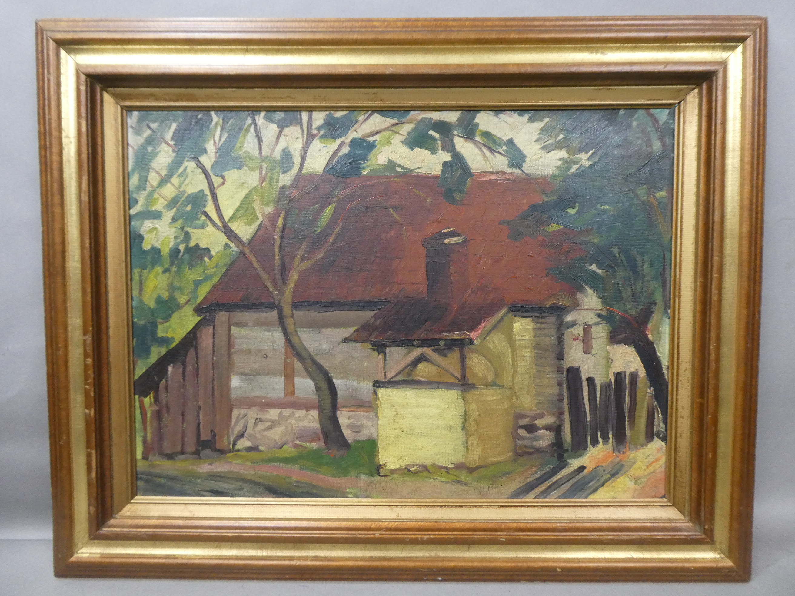 1951 Vasile Varga Wood Cabin Oil Painting