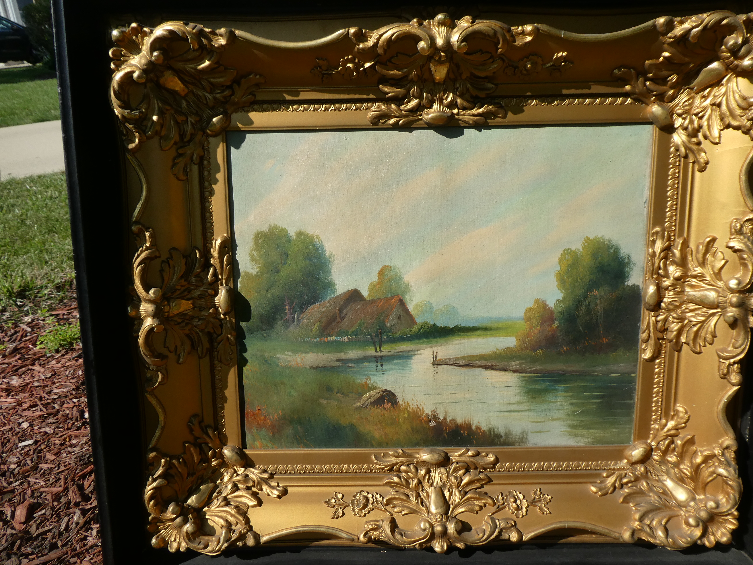 Unsigned Vintage House by River Oil Painting in Ornate Frame