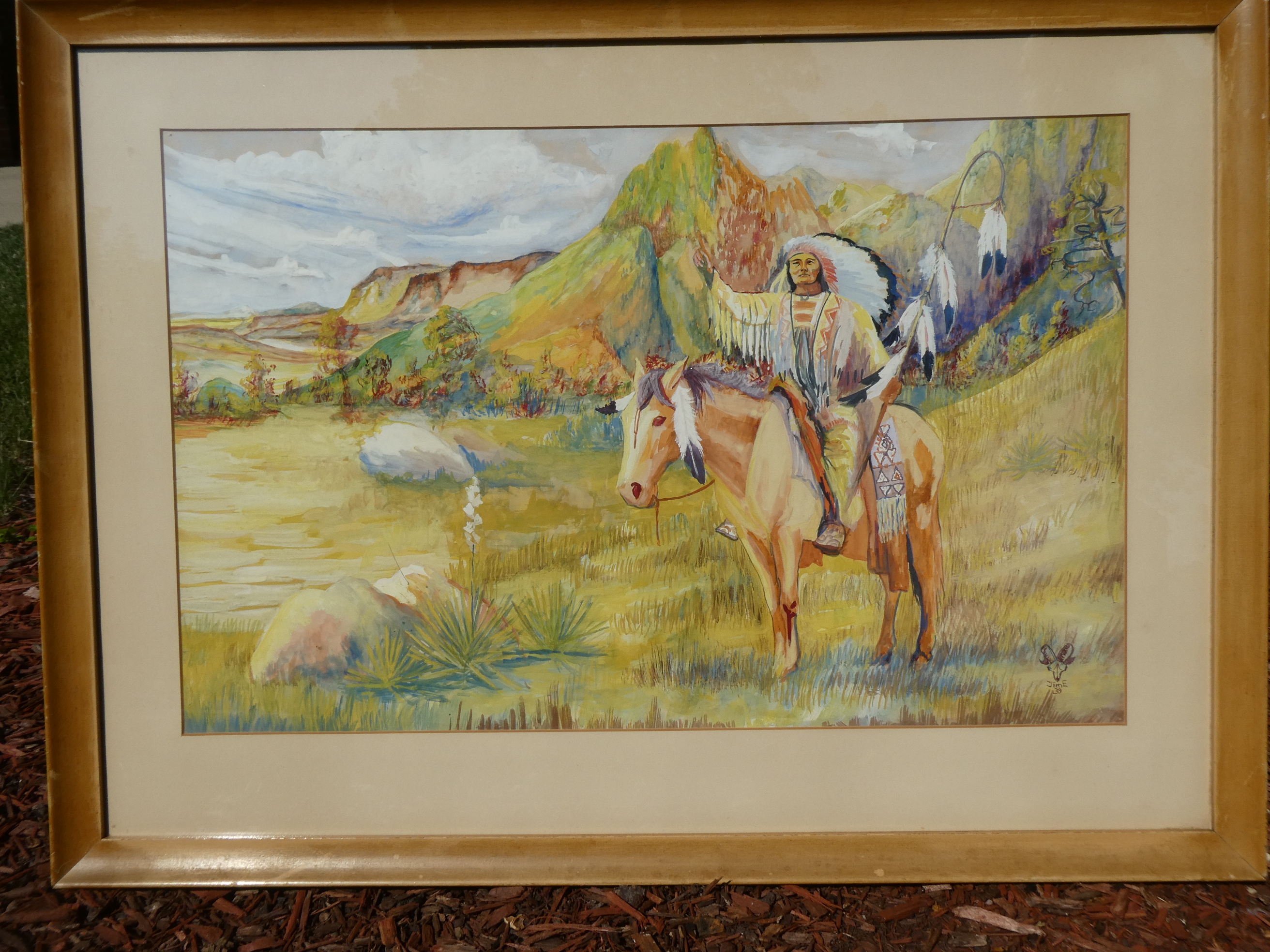 1939 Signed Jim Mixed Media American Indian Chief on Horse