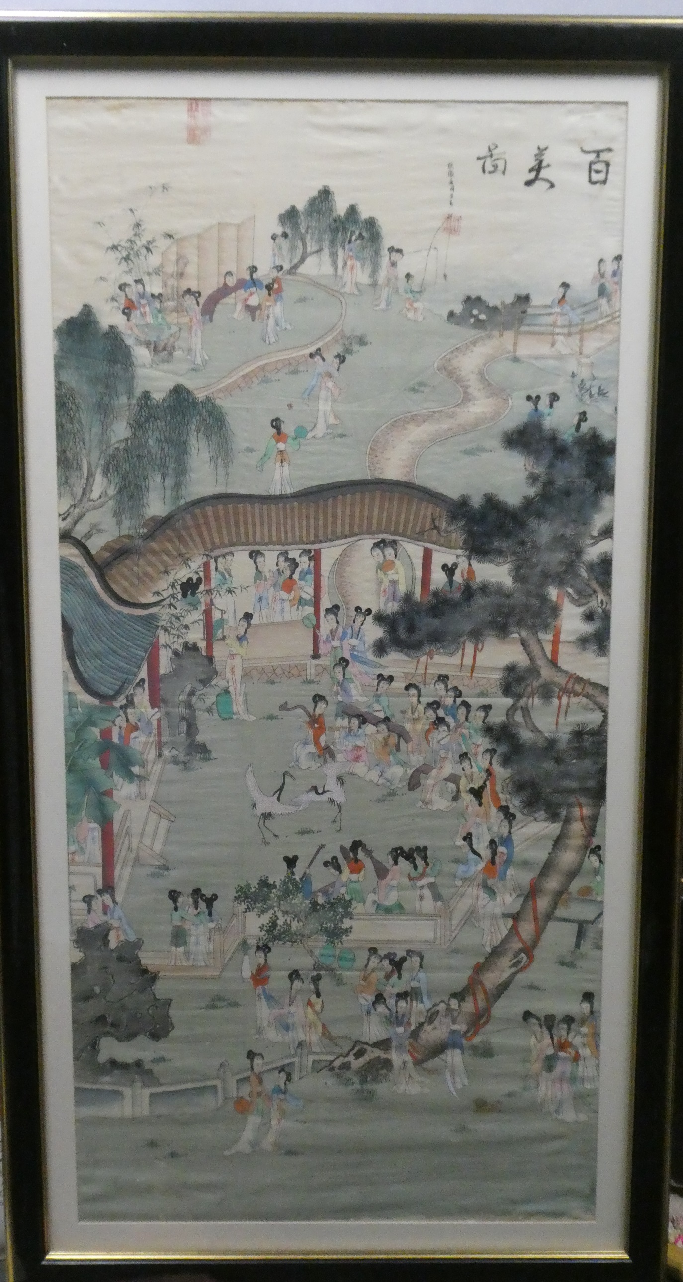 Vintage Large Chinese Park Scene Watercolor Silk Painting Shang Meibai