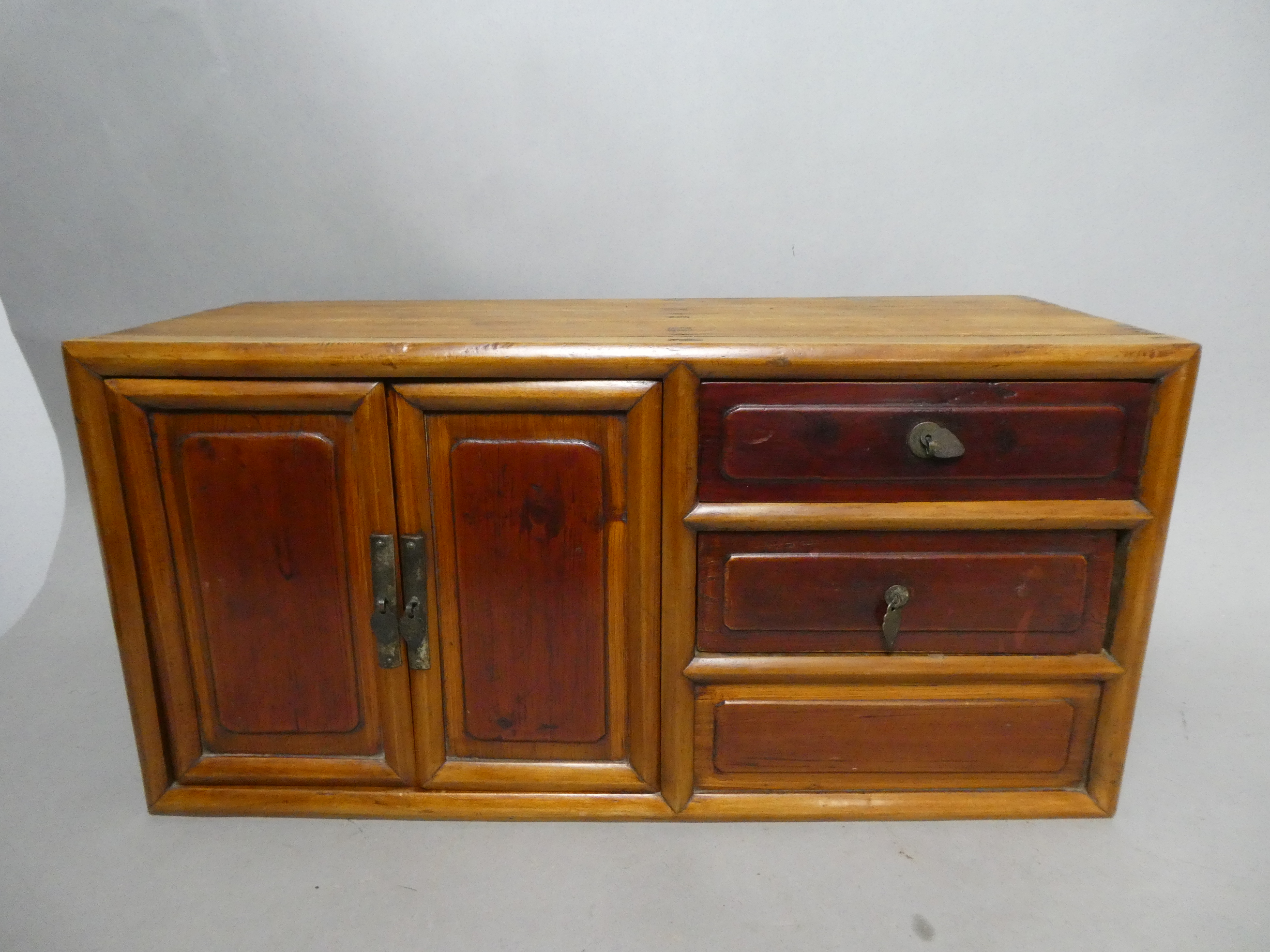 Vintage Chinese Elmwood Makeup Chest Handmade W/ Doors & Drawers