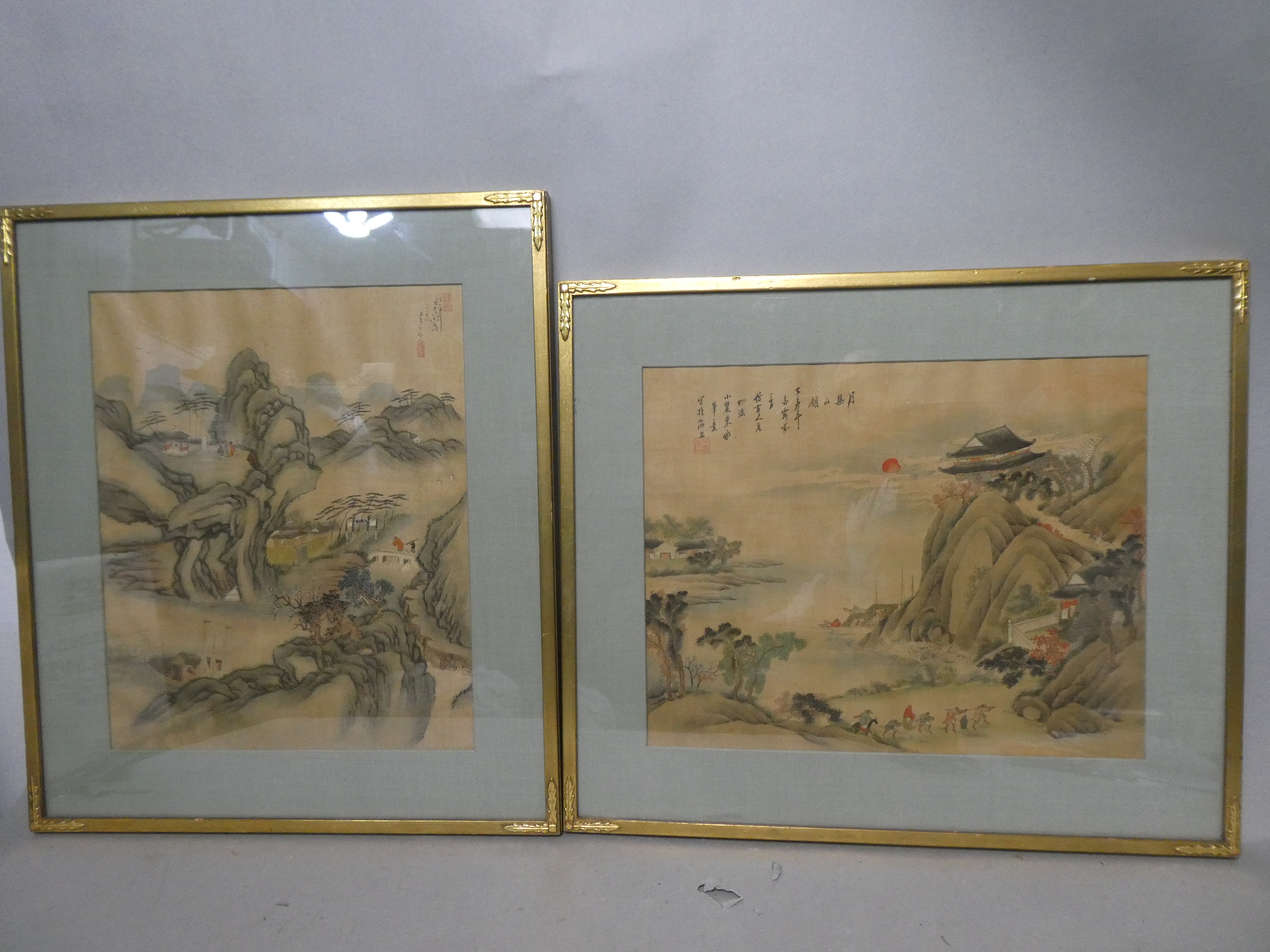 Set 2 Signed Chinese Landscape Paintings on Silk