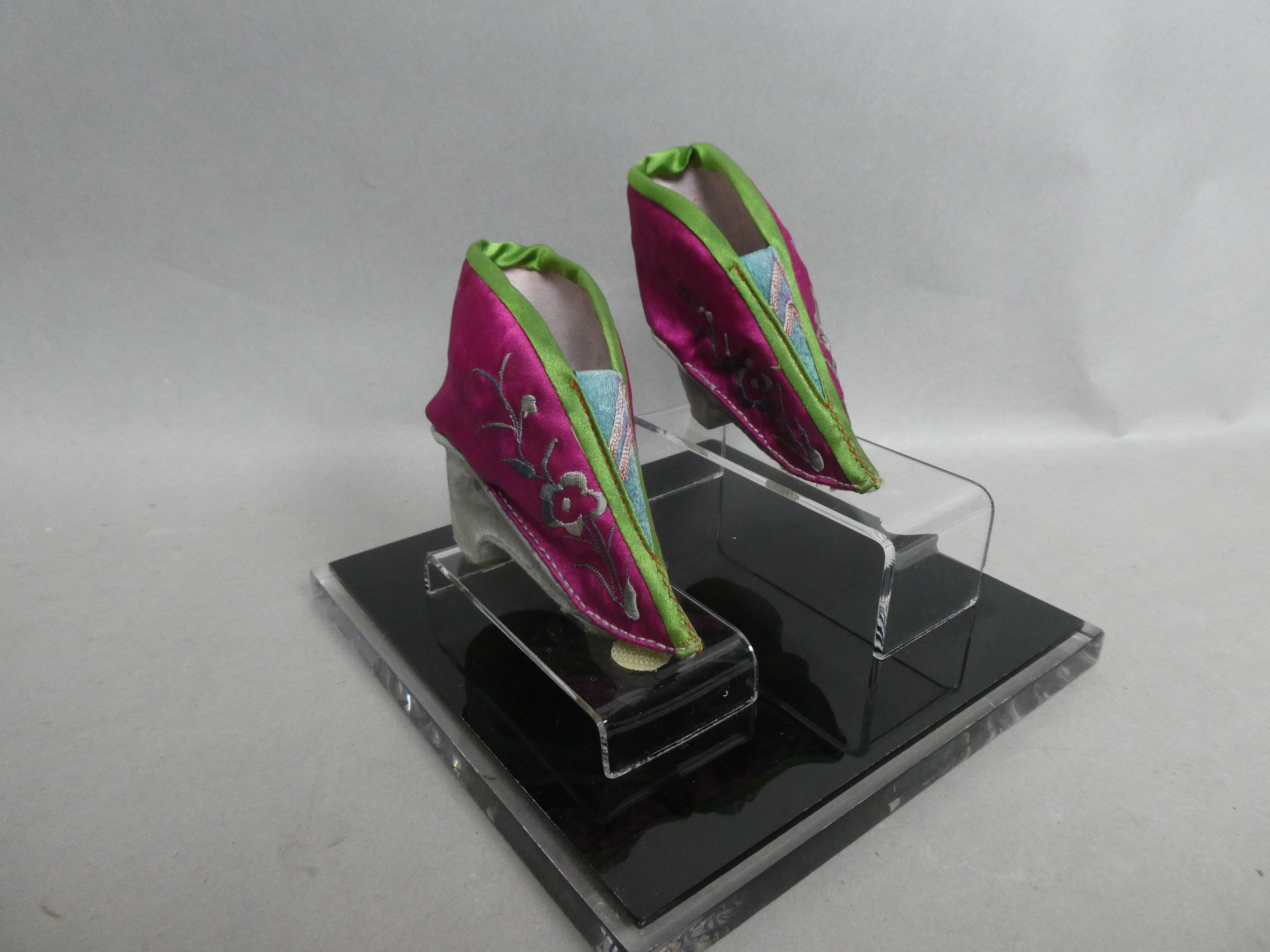 Pair Vintage Embroidered Silk Lotus Shoes in Plexiglas Case