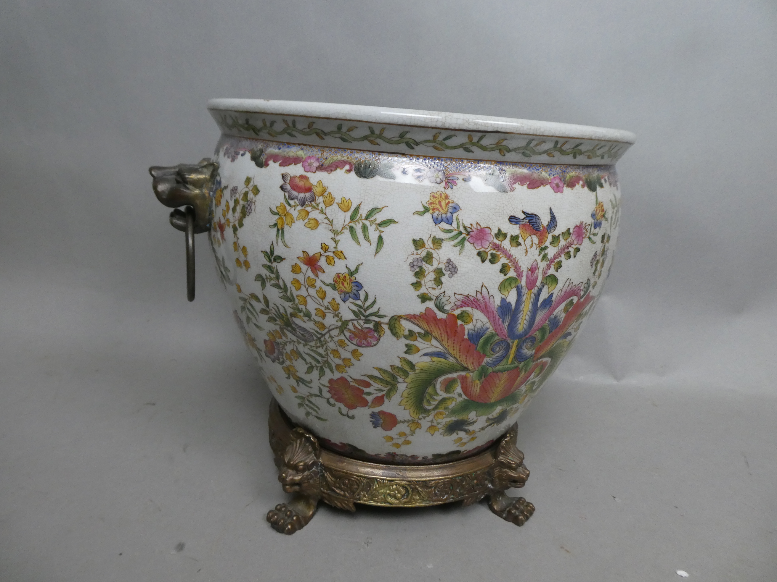 Repro Chinese Porcelain Large Plant Pot Jardinière w/ Brass Lion & Stand