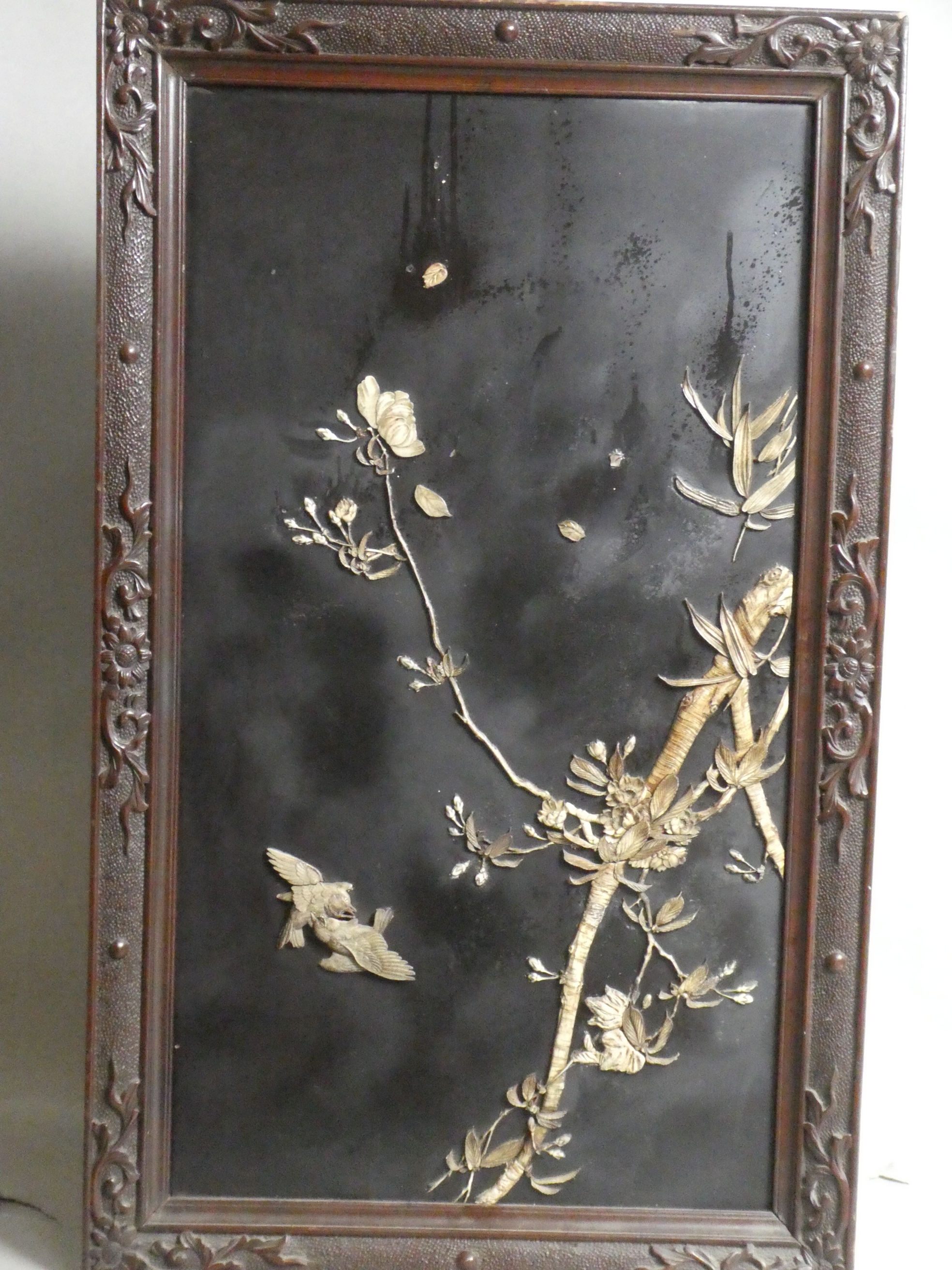 Antique Chinese Black Lacquer Panel w/ Applied Bird & Brach Relief
