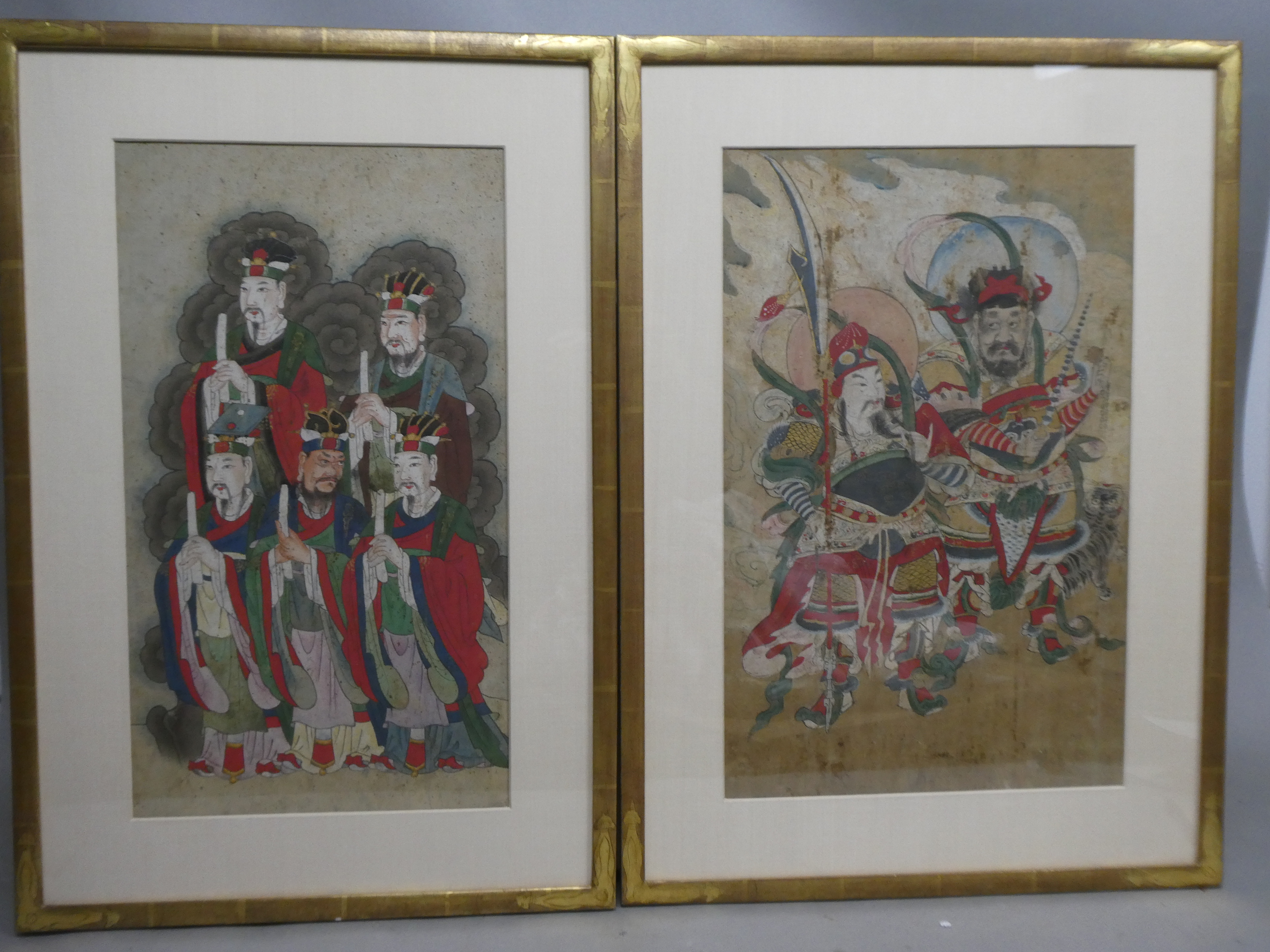 Pair Vintage Chinese Paintings Guardian of West & Water & Land Ritual