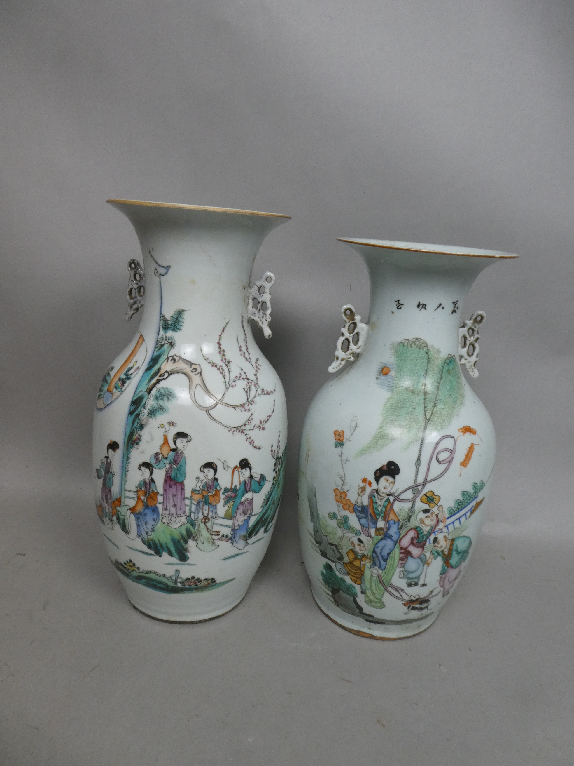 Pair Chinese Republic Famille Rose Porcelain Baluster Vases
