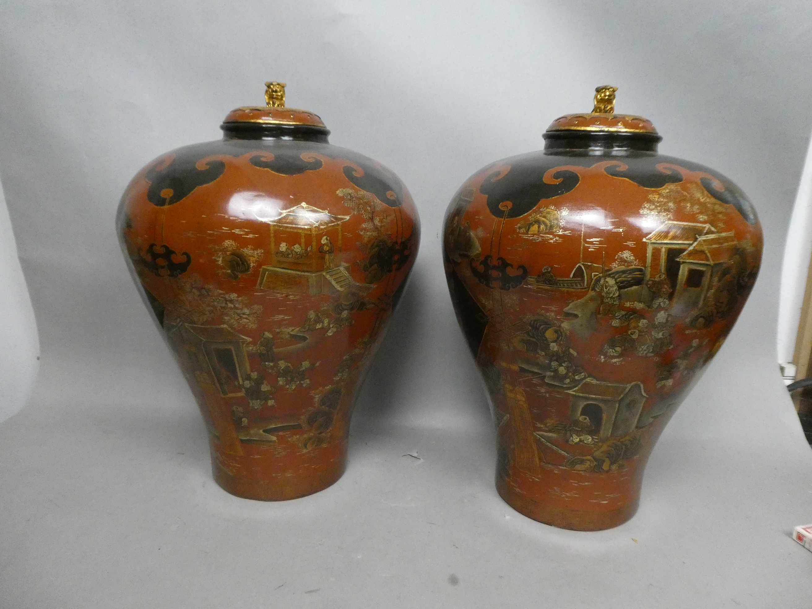 Pair Large Vintage Painted Wood Chinese Vase Urns