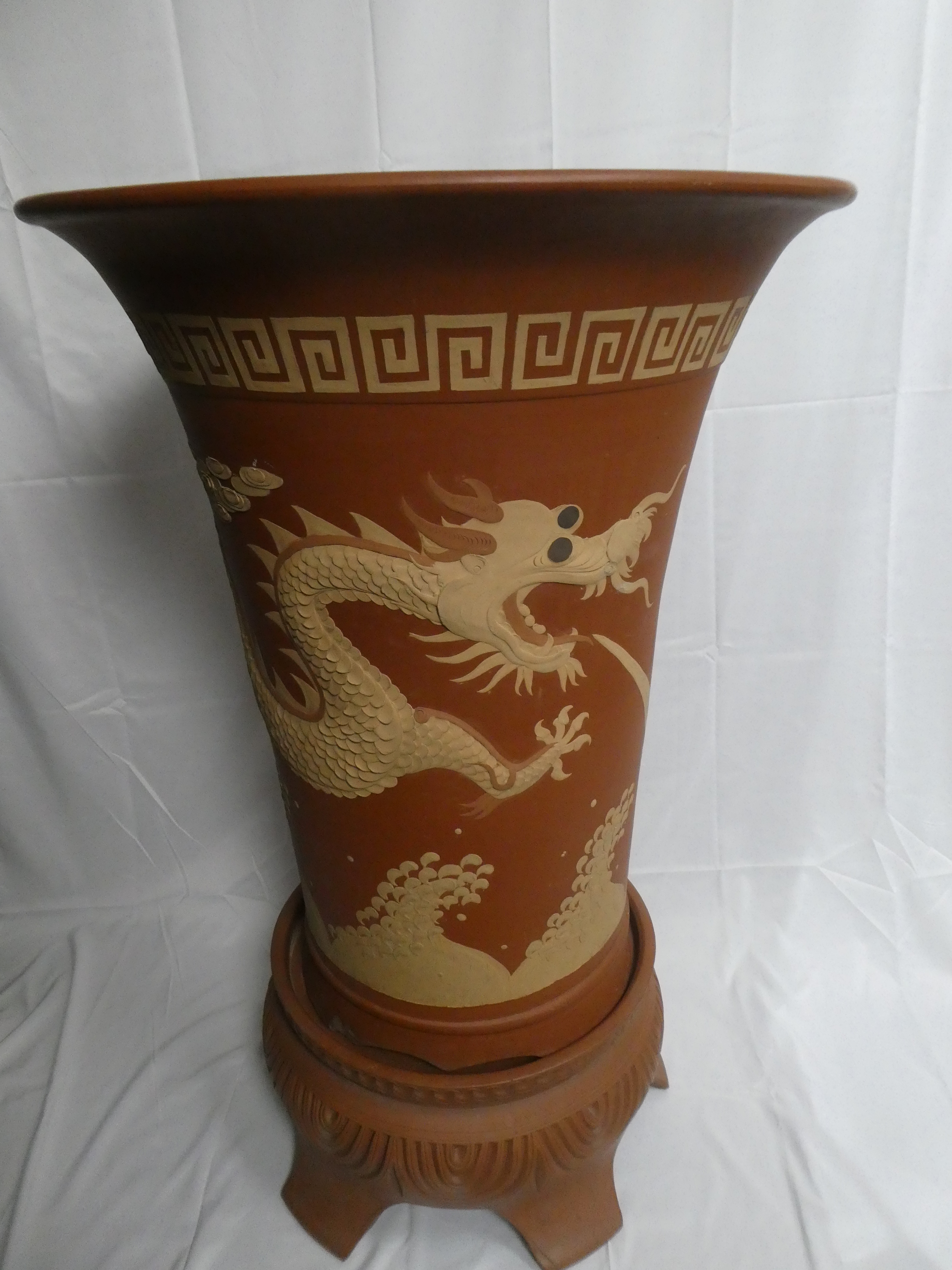 MONUMENTAL 3+ Foot High Chinese Dragon Relief Terra Cotta  Vase on Stand
