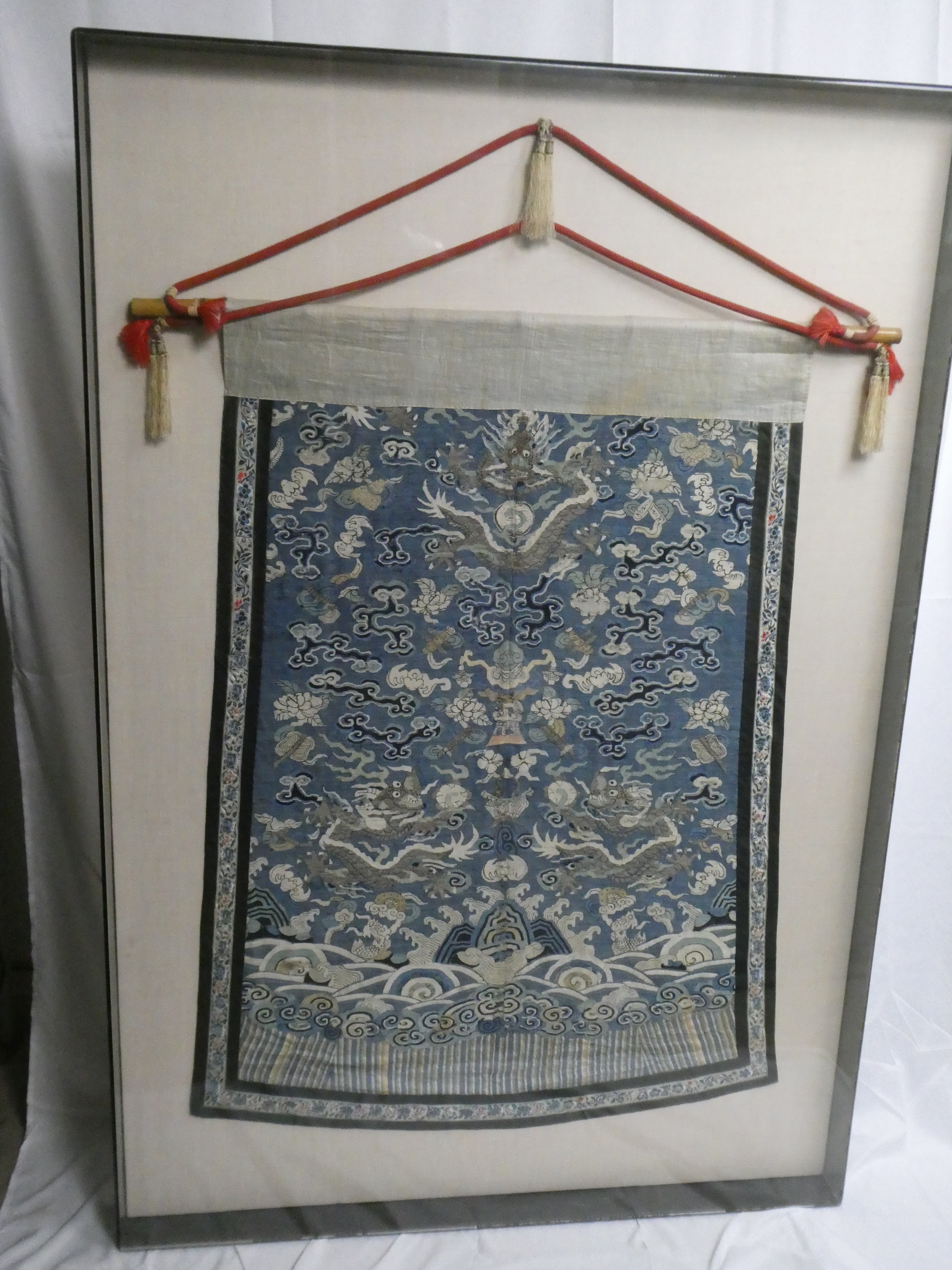 Antique Chinese Silk Blue Ground Kesi Dragon Jifu Panel