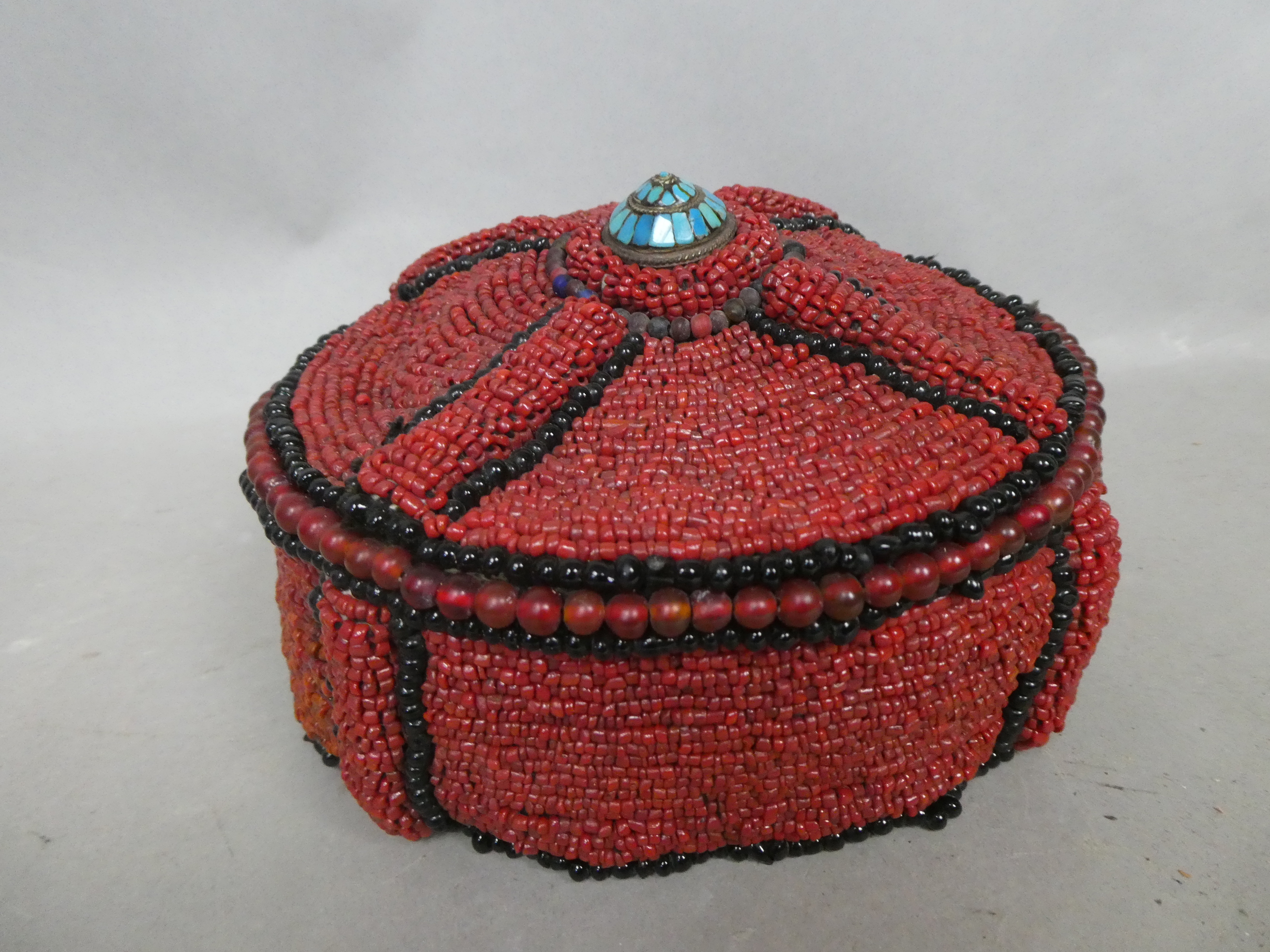 India Red Coral & Turquoise Beaded Tribal Hat