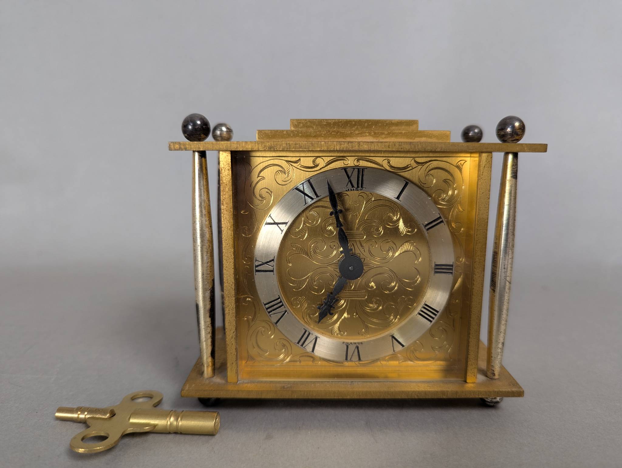 Charles Hour Brass Mantel Clock with Engraved Dial and Key