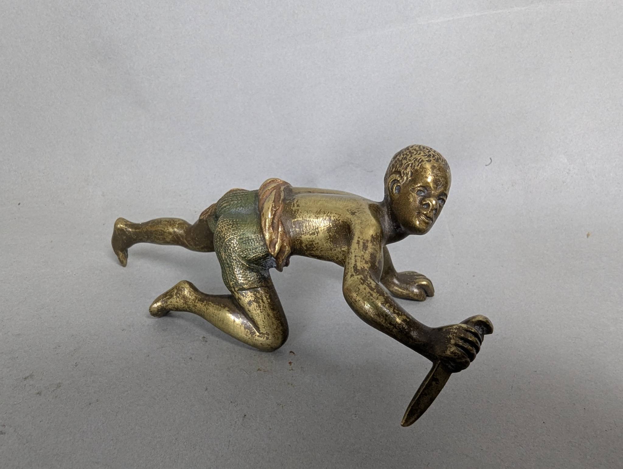 Cold-Painted Bronze Sculpture by Franz Bergman Depicting Crawling Figure