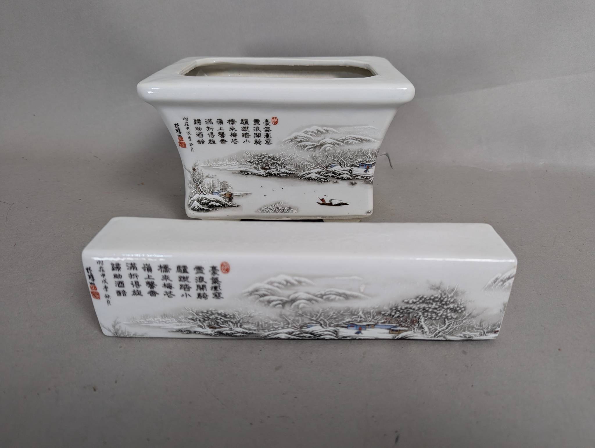 Chinese Ceramic Pot and Paperweight Featuring Snow Scene and Calligraphy