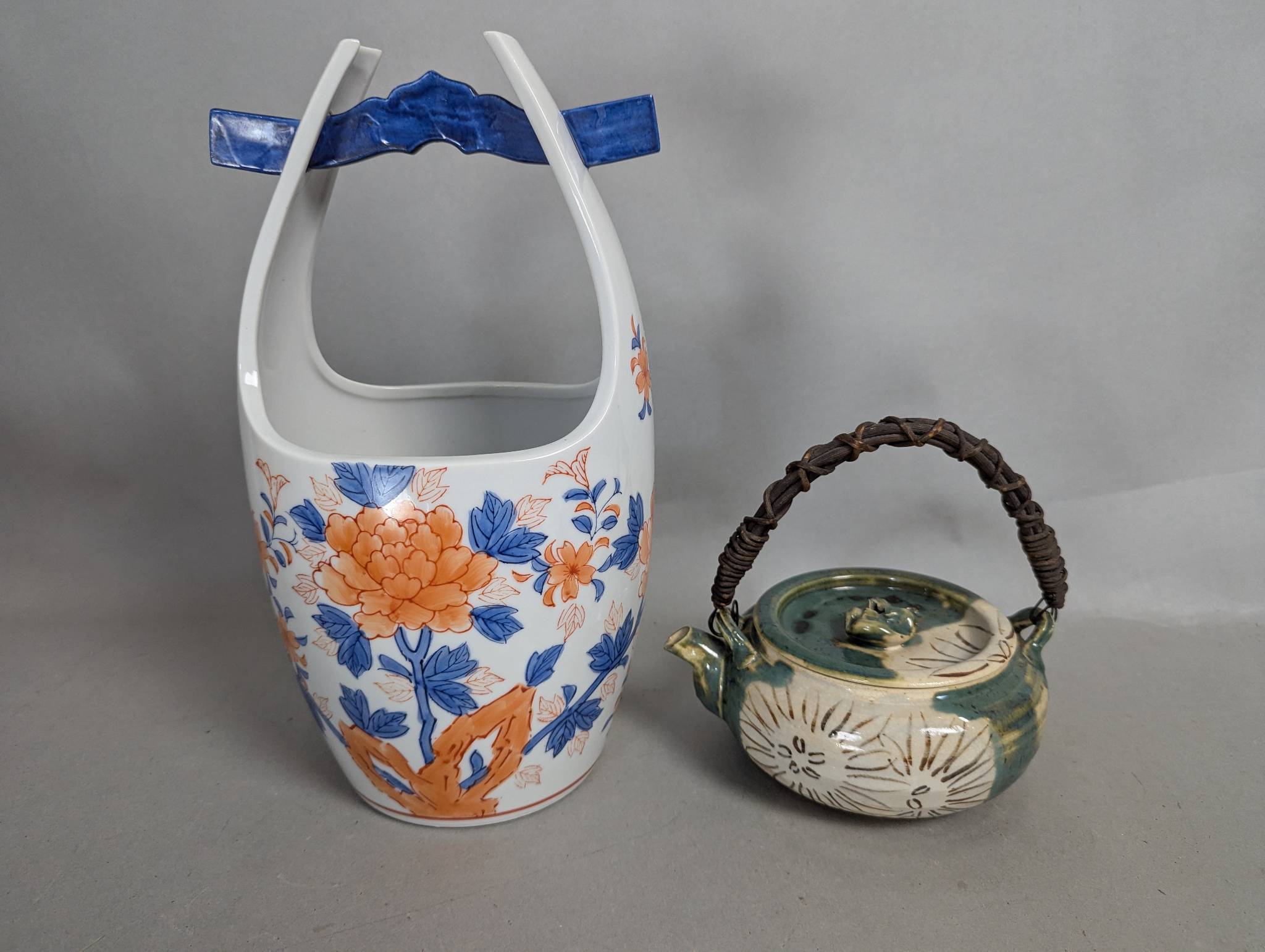 Japanese Ceramic Vase and Teapot with Painted Floral Designs