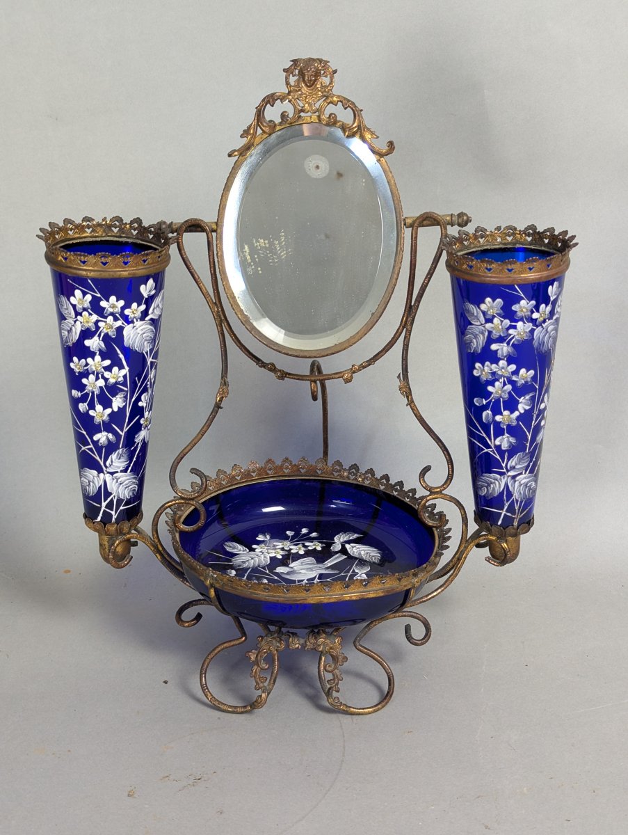 Antique Blue Glass Epergne Centerpiece with Expansive Mirror