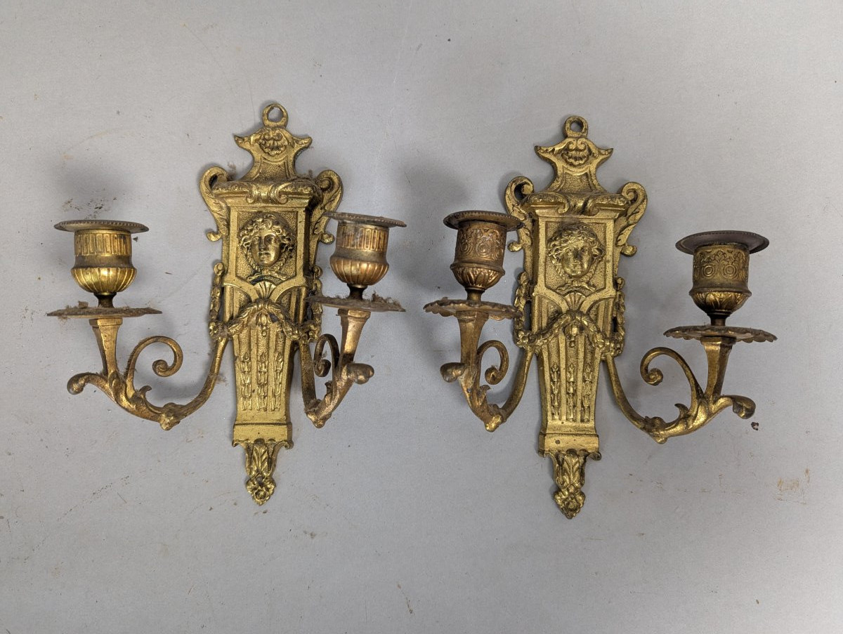 Stunning Antique Neoclassical Brass Two-Arm Wall Sconce Pair