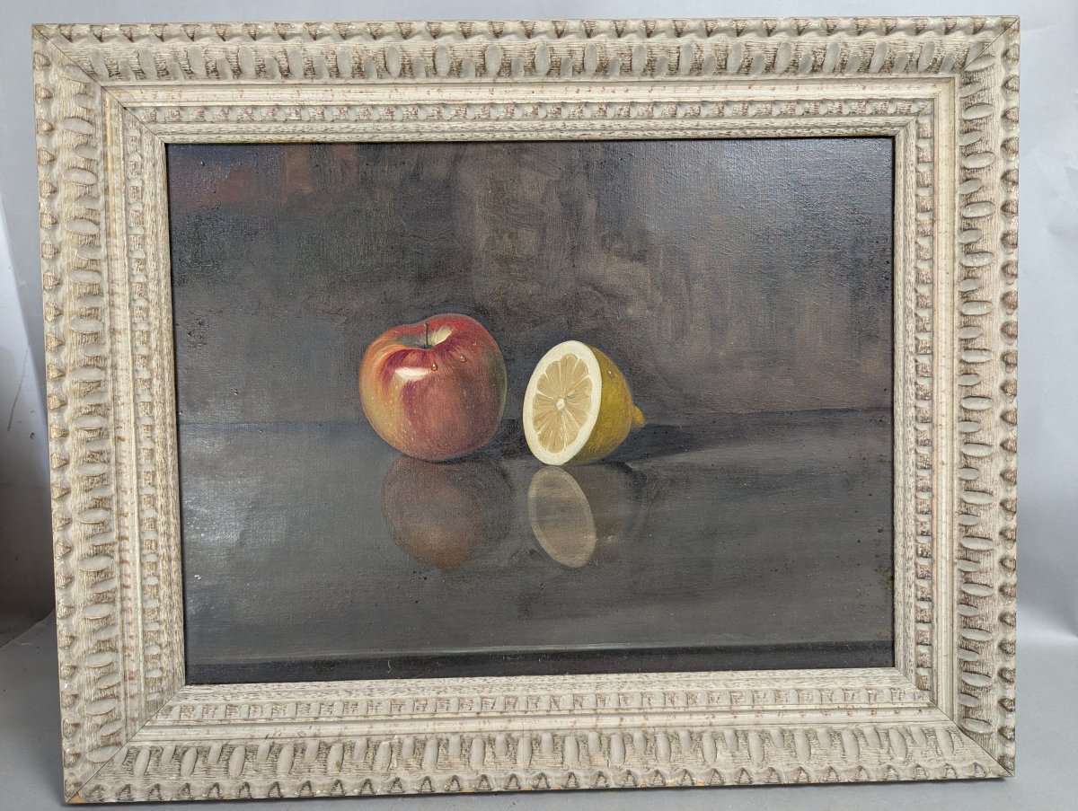 Charming Still Life Oil Painting Featuring Apple and Lemon