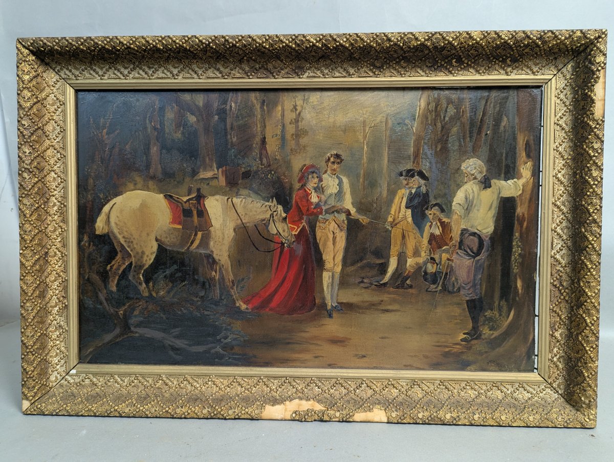 Antique Oil Painting on Academy Board Genre Scene Artwork