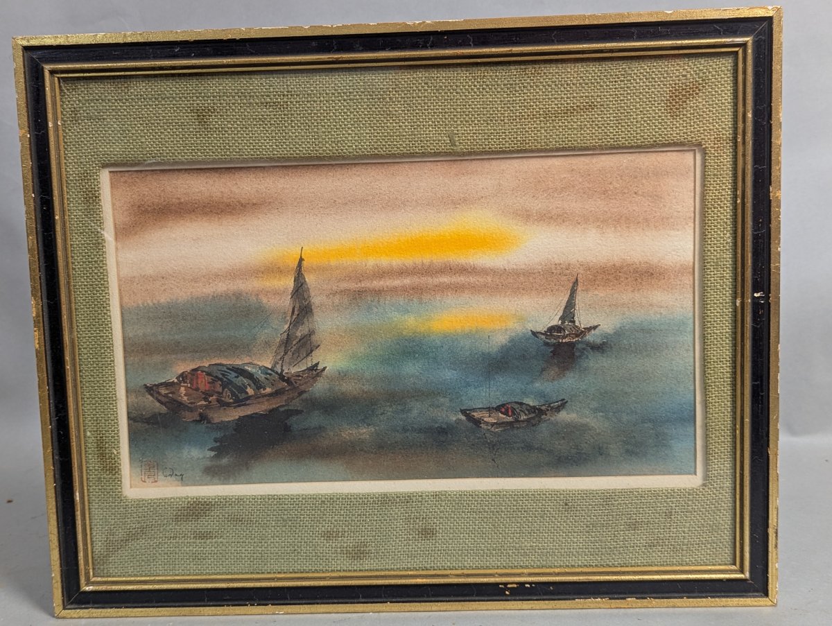 Framed Chinese Ink Wash Painting with Signature and Red Seal