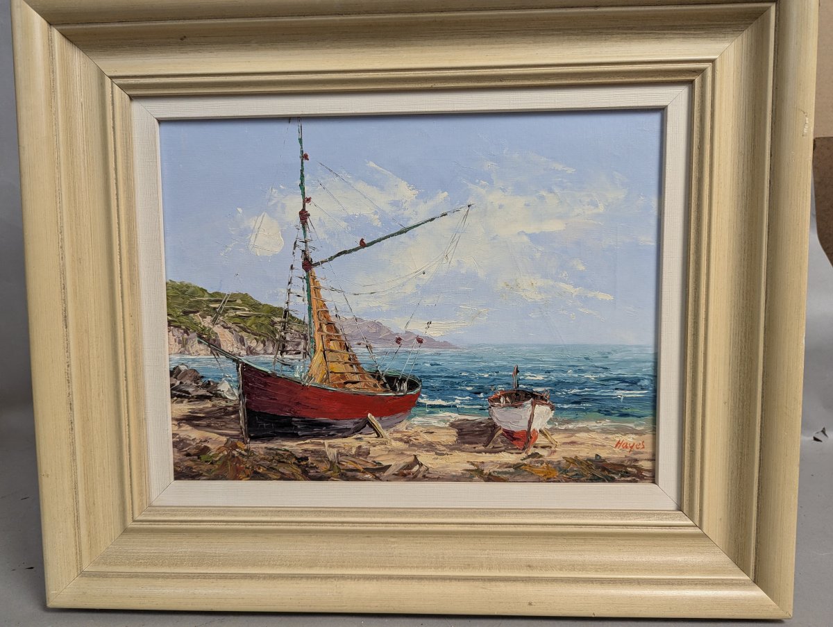Stunning Seascape with Boats by Hayes Original Oil on Canvas Artwork