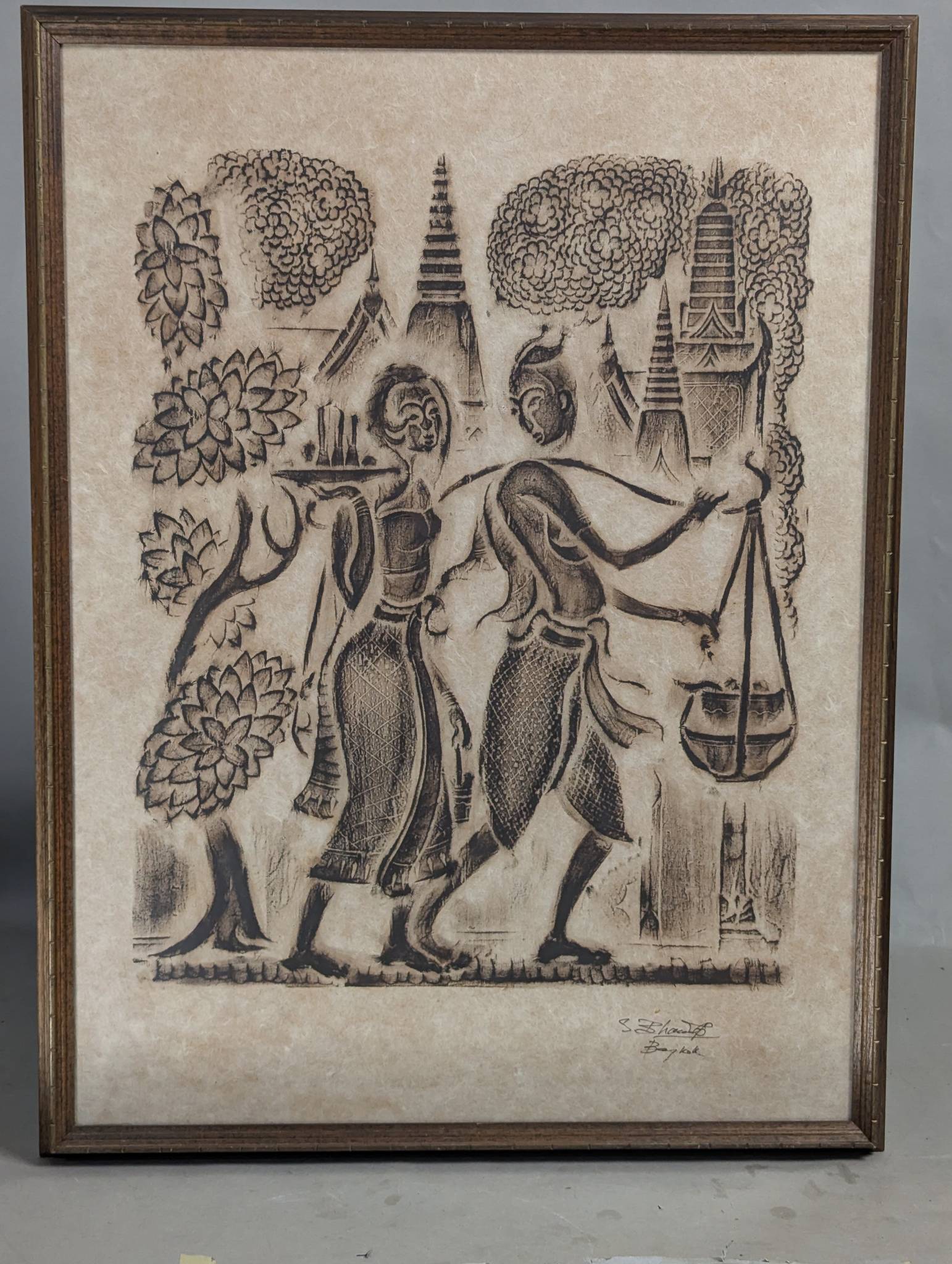Framed Thai Temple Rubbing Depicting Figures and Architecture in Bangkok
