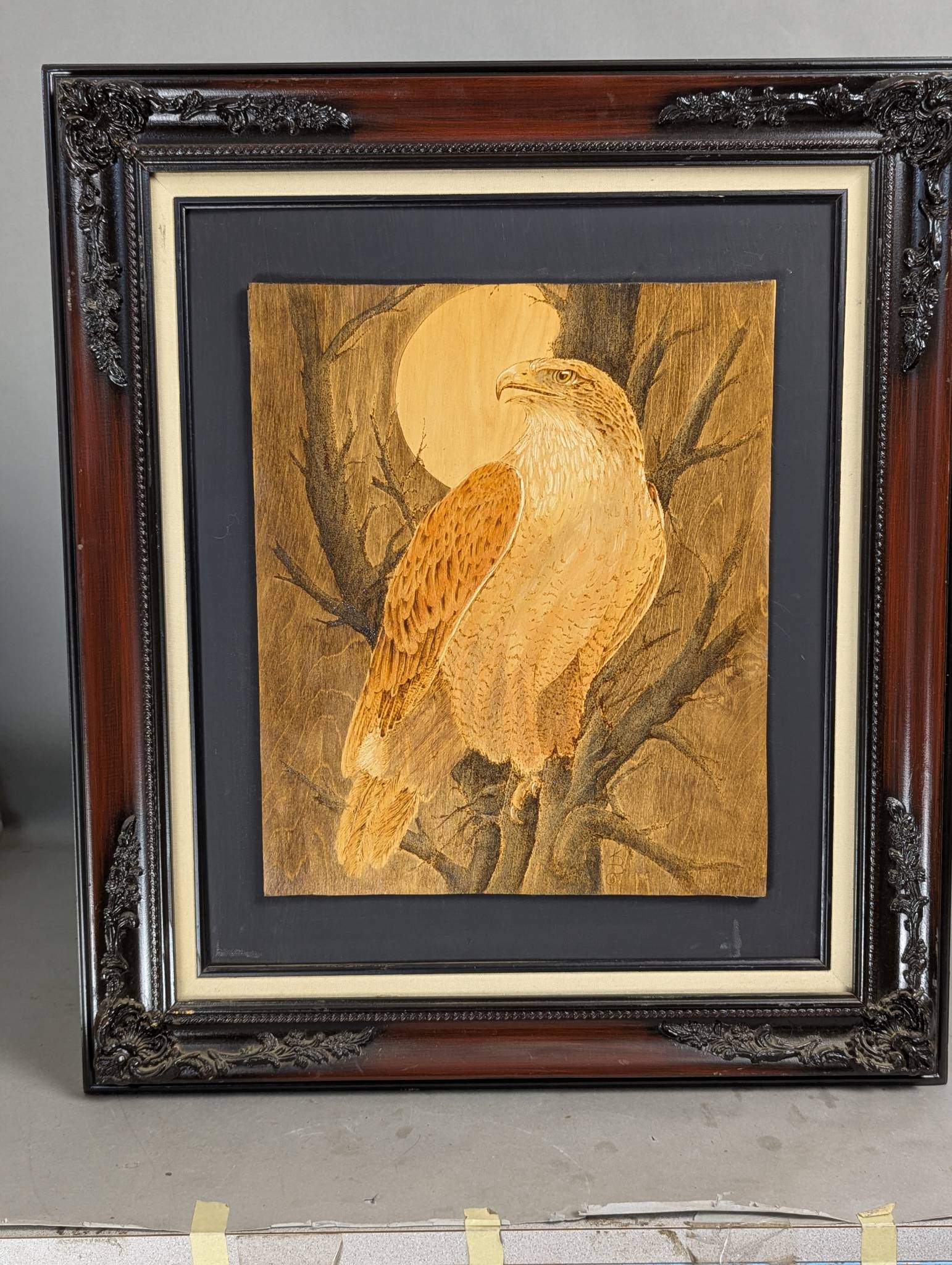 Painting of Hawk on Wood Depicting a Moonlit Scene in Framed Presentation