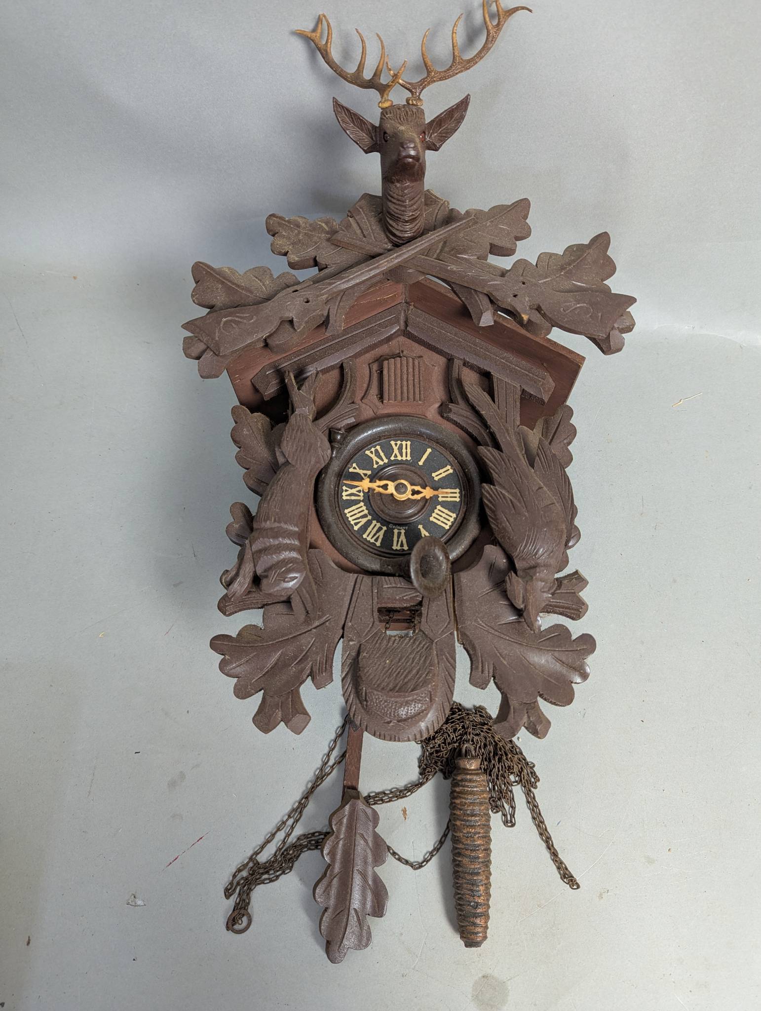 German Black Forest Carved Cuckoo Clock with Stag Motif
