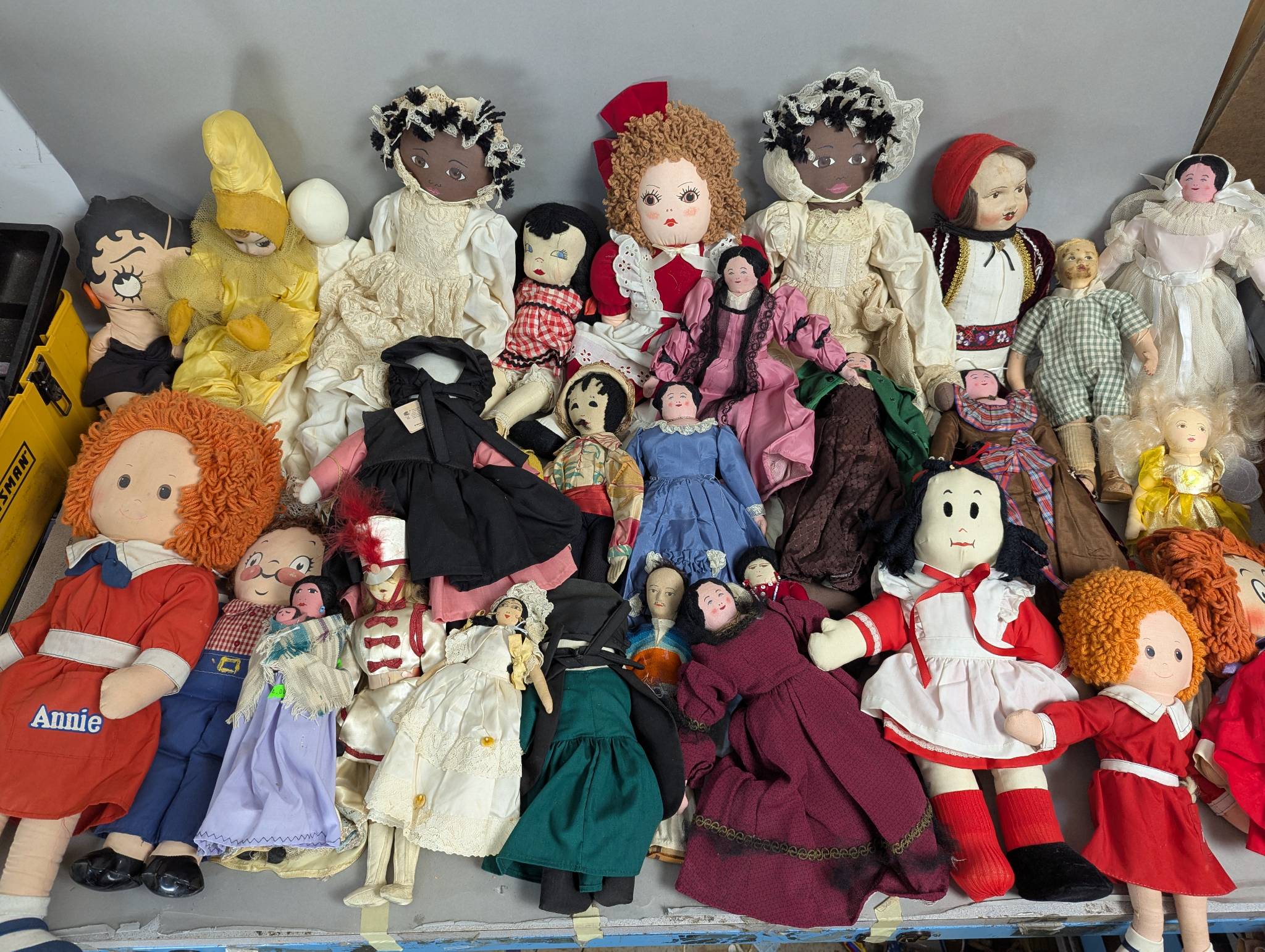 Large Lot Cloth Dolls Featuring Various Characters and Styles