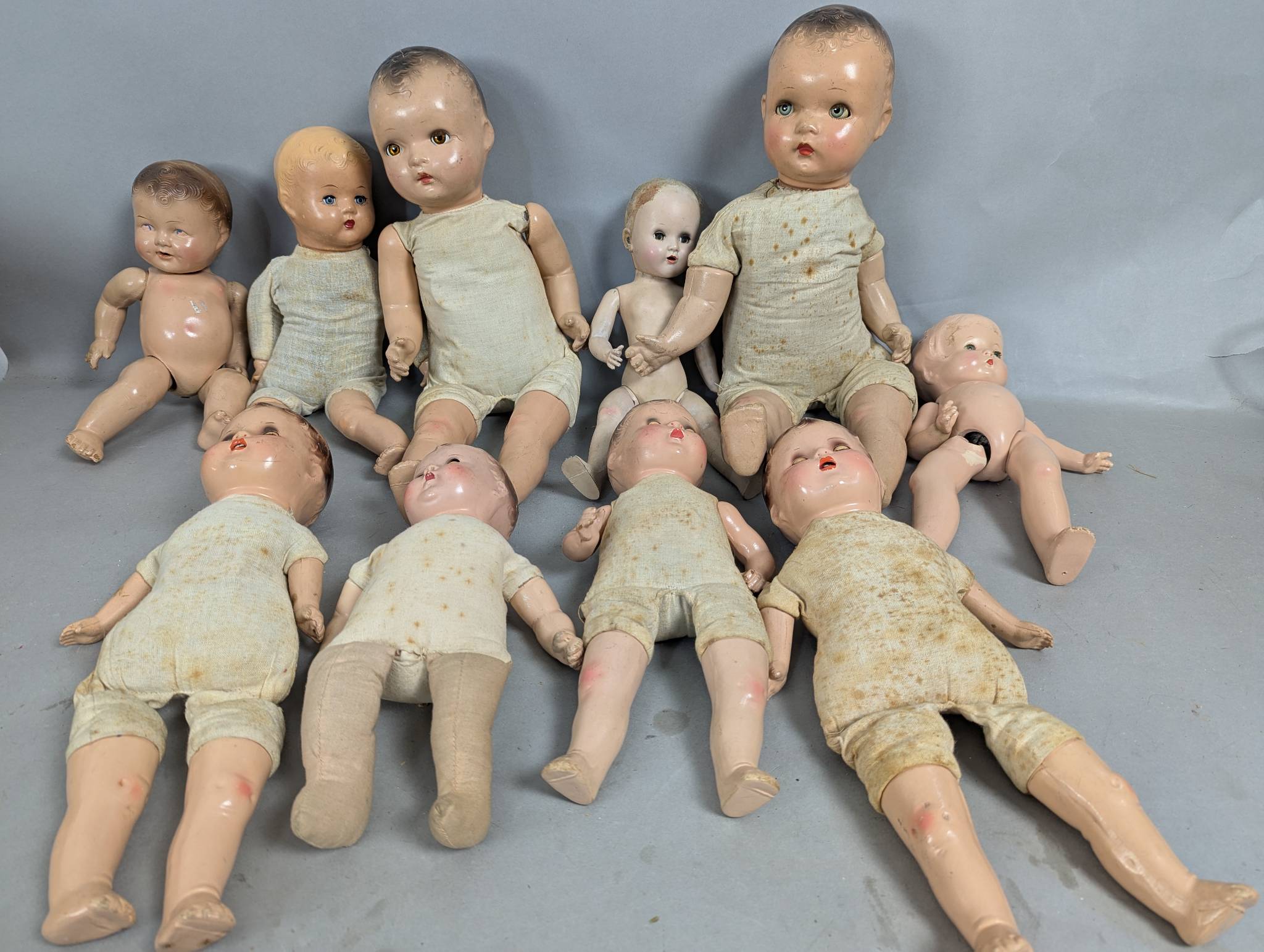 10 Antique Composition and Hard Plastic Dolls Including Horsman Effanbee Ideal