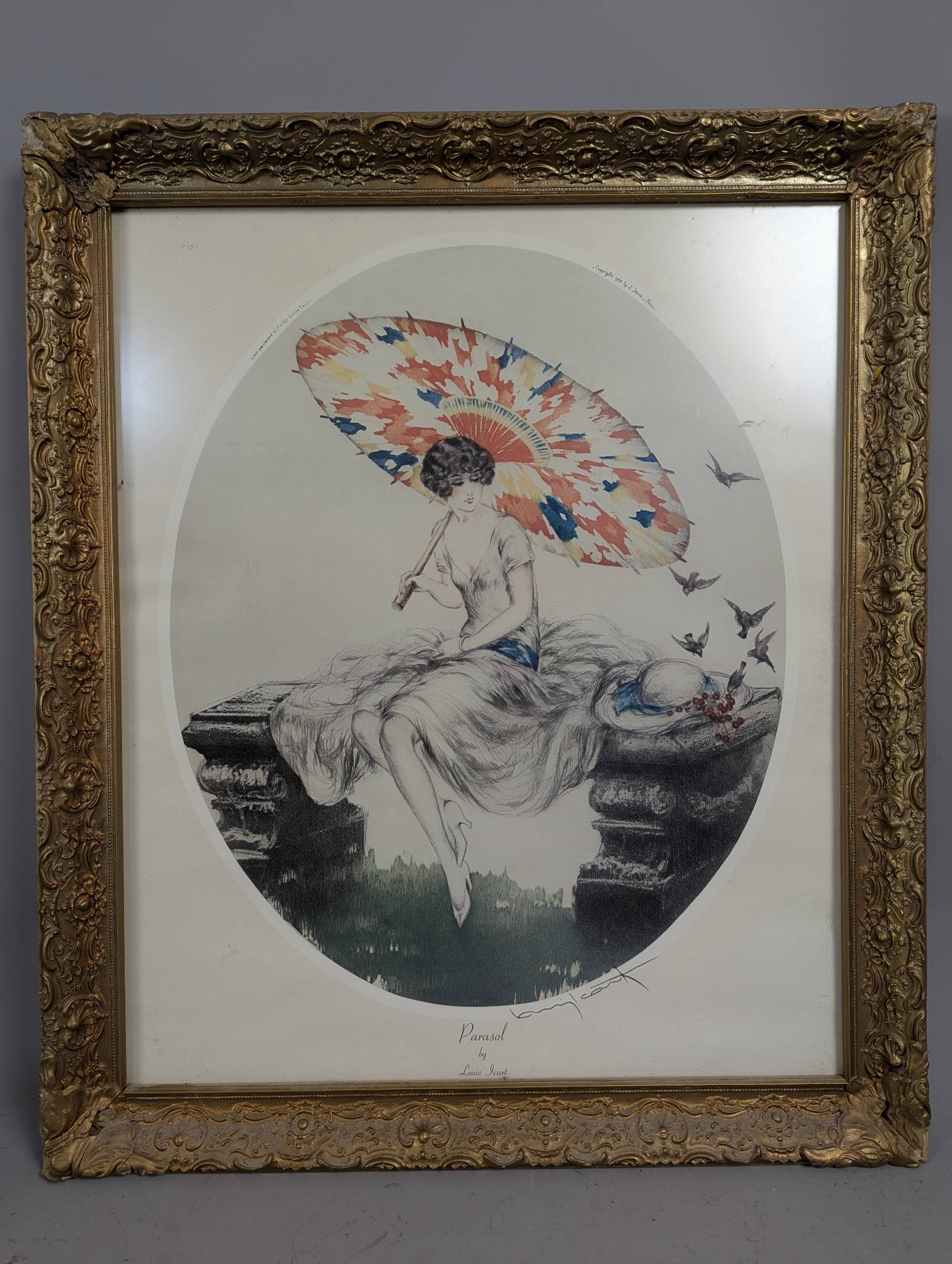 Parasol by Louis Icart Print Seated Woman with Colorful Parasol
