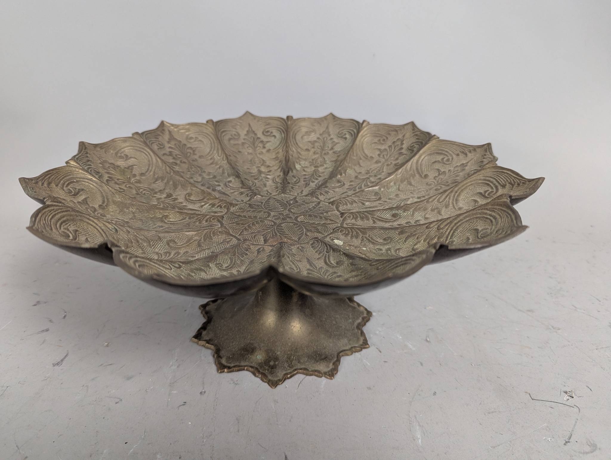 Embossed Solid Brass Pedestal Bowl with Floral Design Handmade India