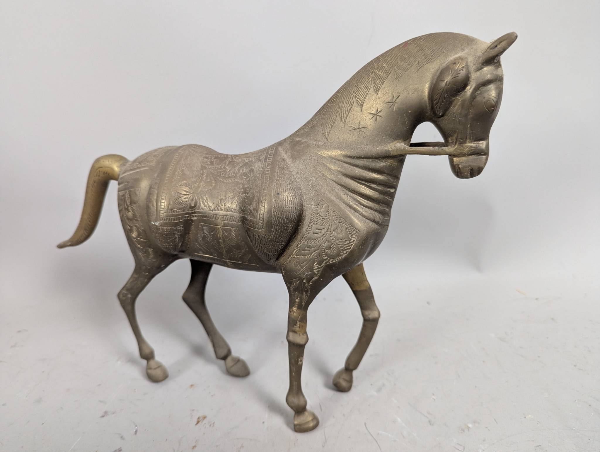 Brass Horse Figurine with Ornate Engravings