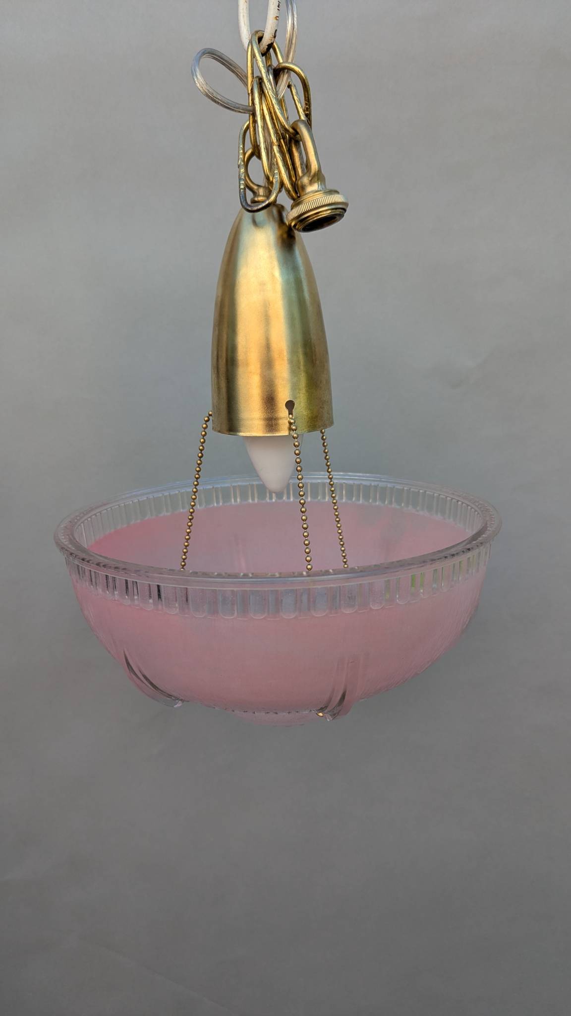 Vintage Pendant Light Fixture with Brass Canopy and Pink Glass Bowl Shade