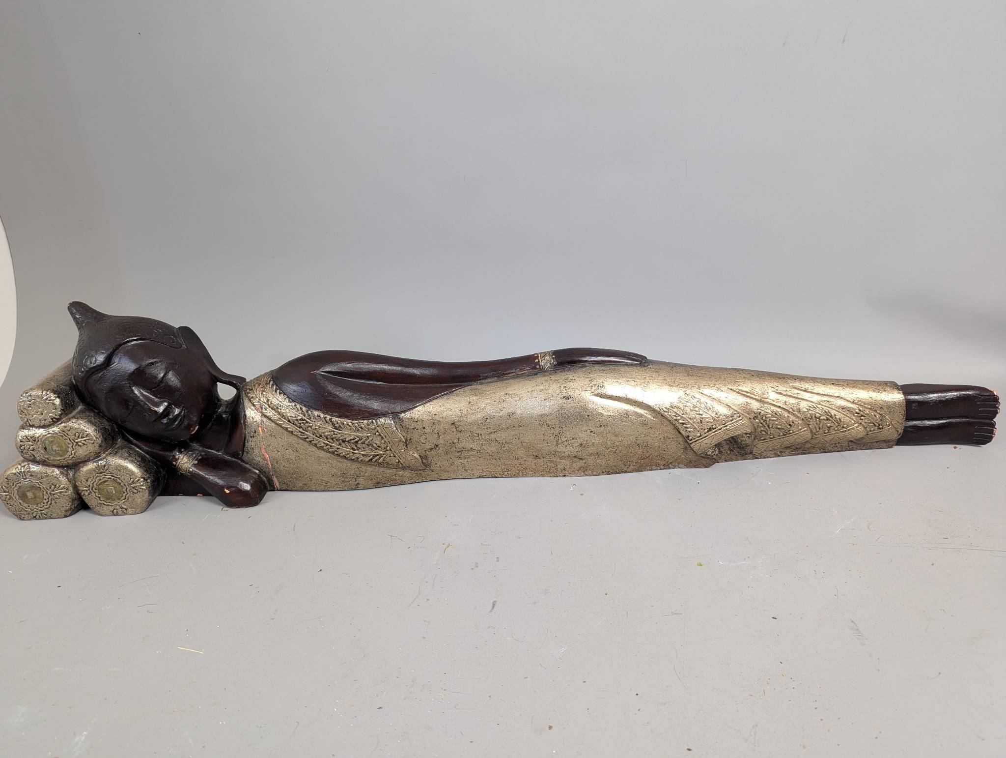 Antique Asian Carved Wood Quanyin Reclining Buddha Figure