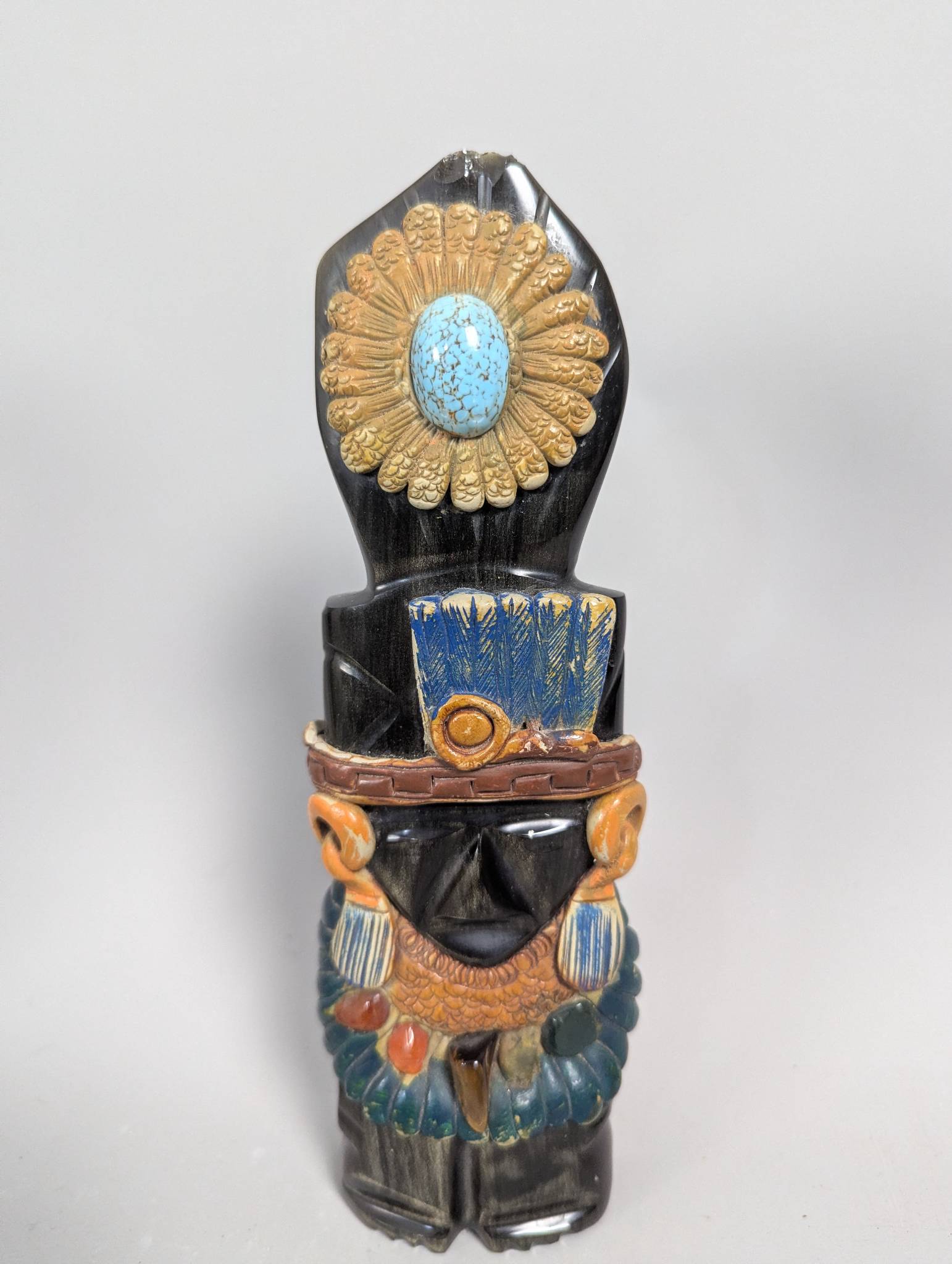 Carved Obsidian Mesoamerican-Style Figure with Turquoise Inlay