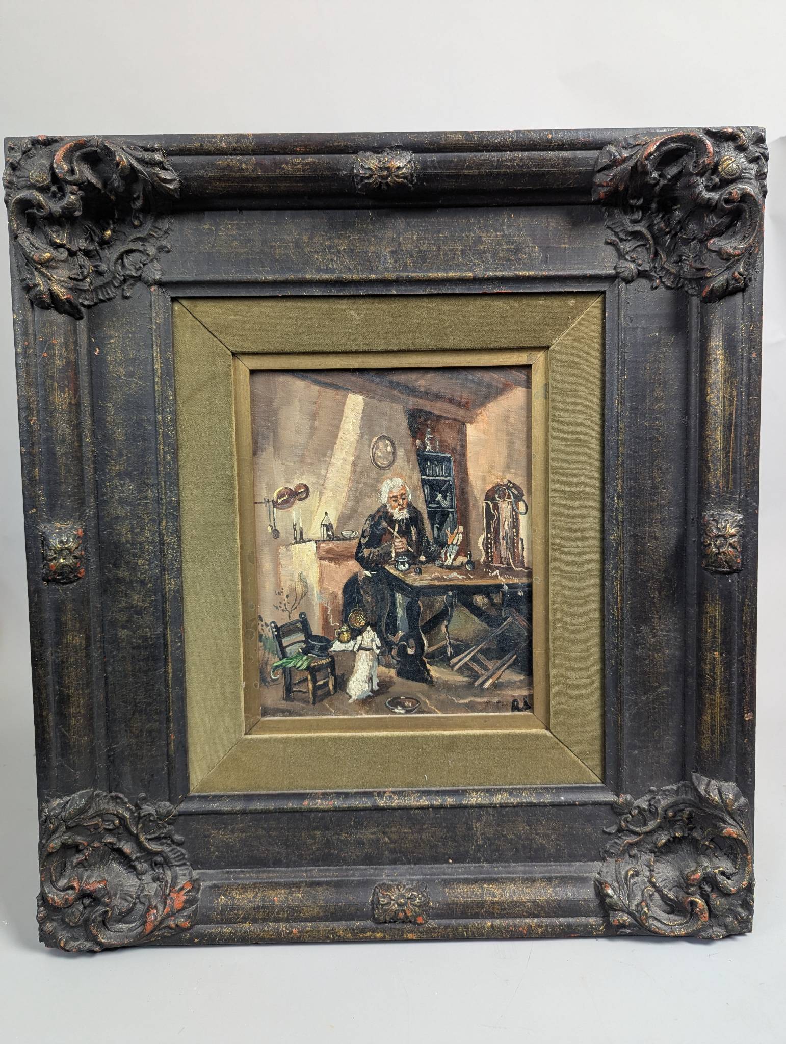 Framed Painting of Interior Scene with Rabbi, Initialed RS