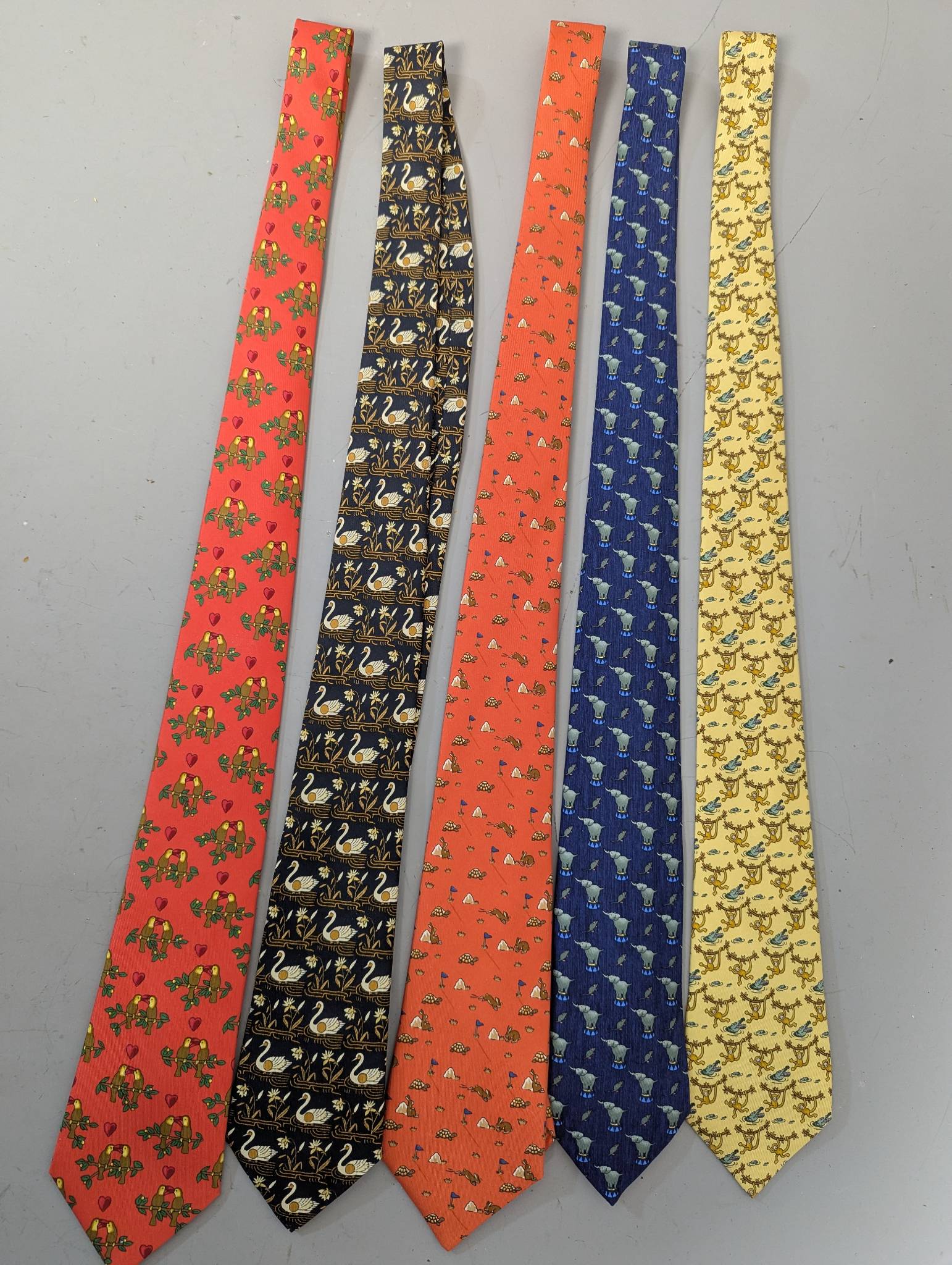 Five Hermes Paris 100 Percent Silk Ties with Decorative Scenes