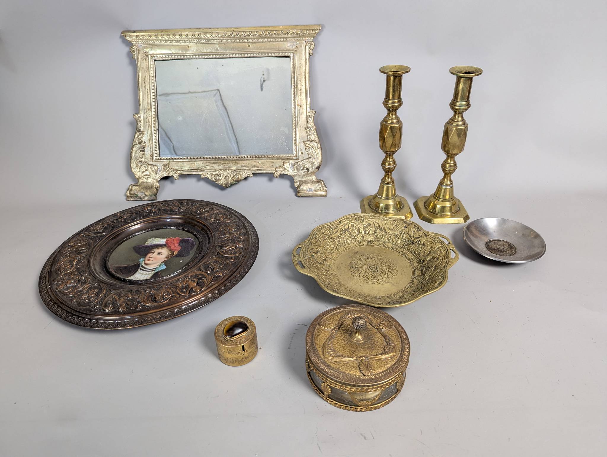 Victorian Metalware Including Brass Candlesticks and Decorative Items