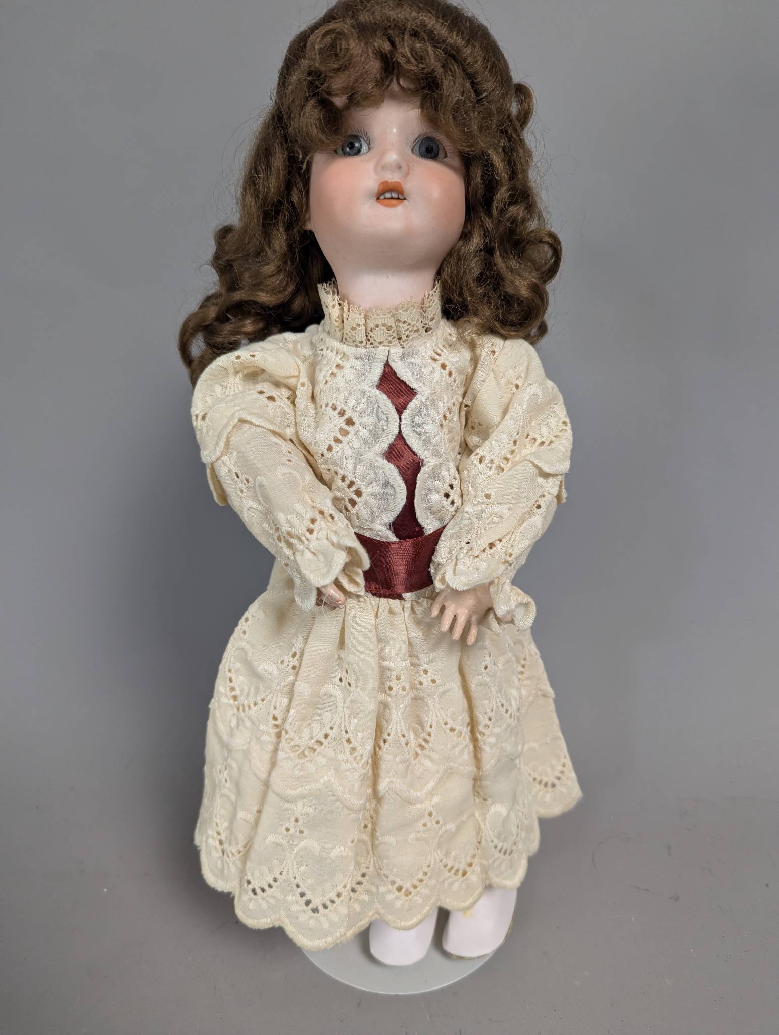 Simon and Halbig Bisque Head Doll with Lace Dress and Brown Hair