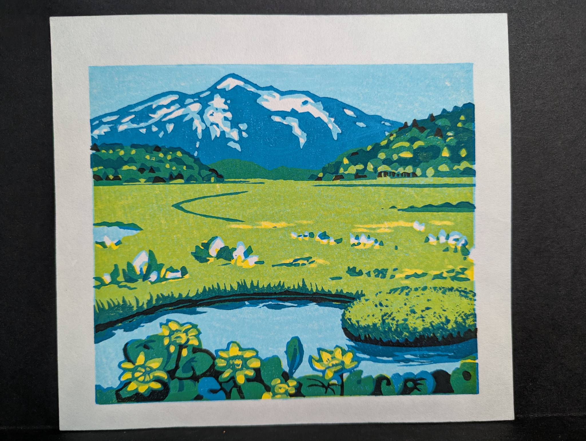 Japanese Woodblock Print of Mountain Landscape and Pond