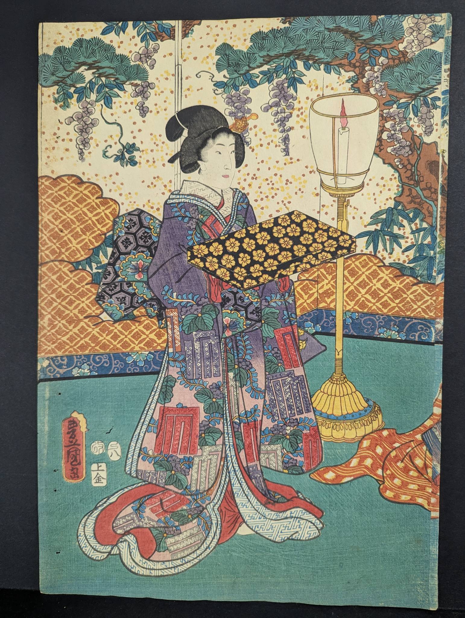Japanese Woodblock Print Depicting Woman in Traditional Attire