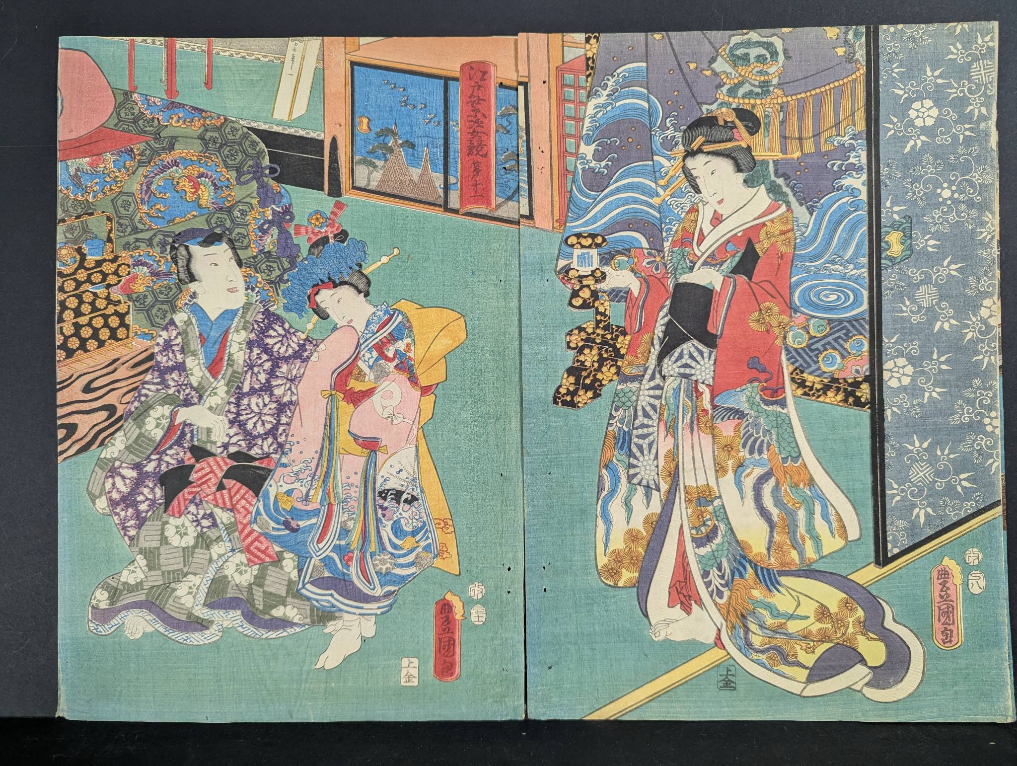 Japanese Woodblock Print by Toyokuni III Depicting Elegant Figures