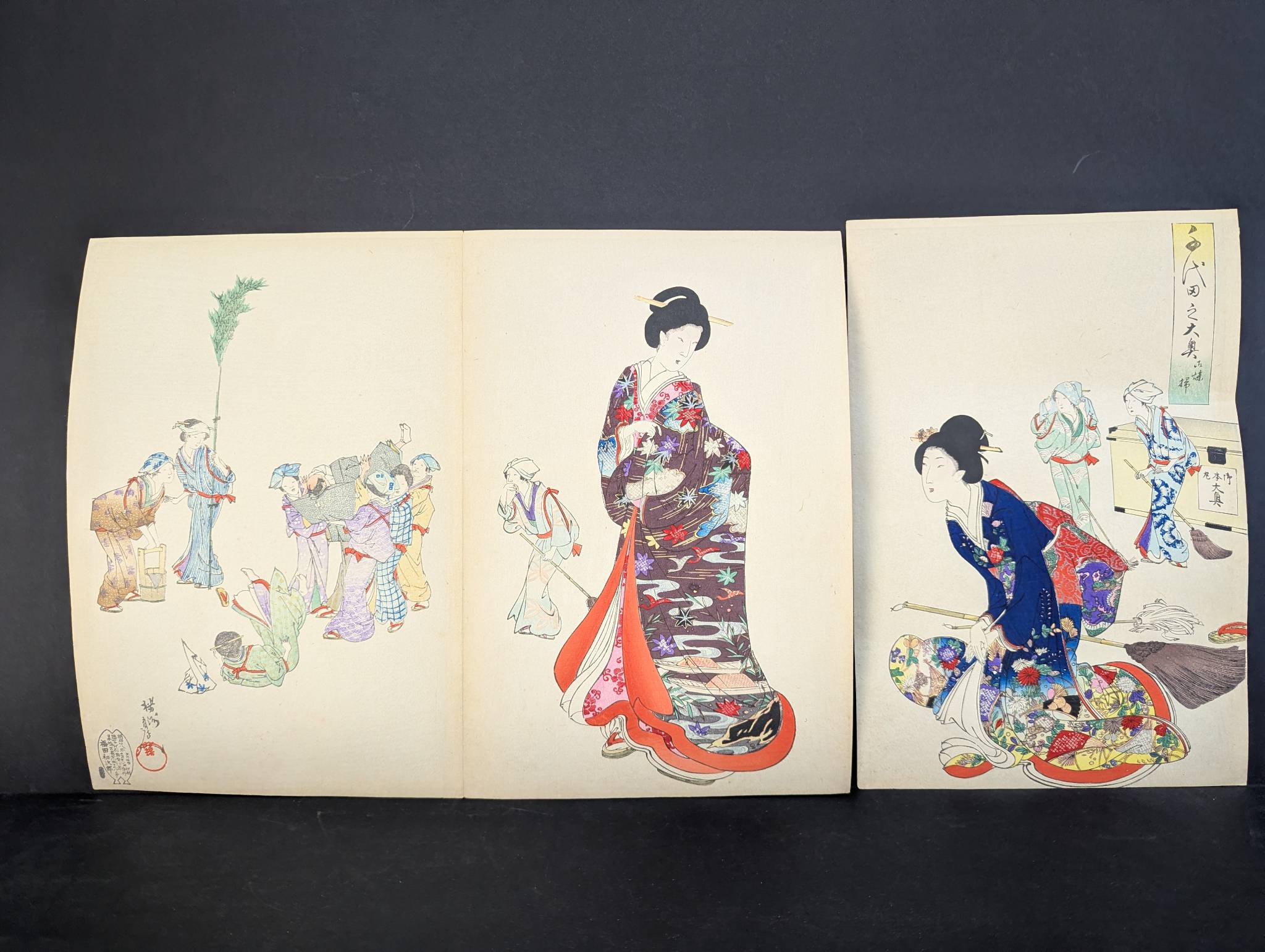 Japanese Woodblock Print by Toyohara Chikanobu Depicting Elegant Figures Original 19th Century