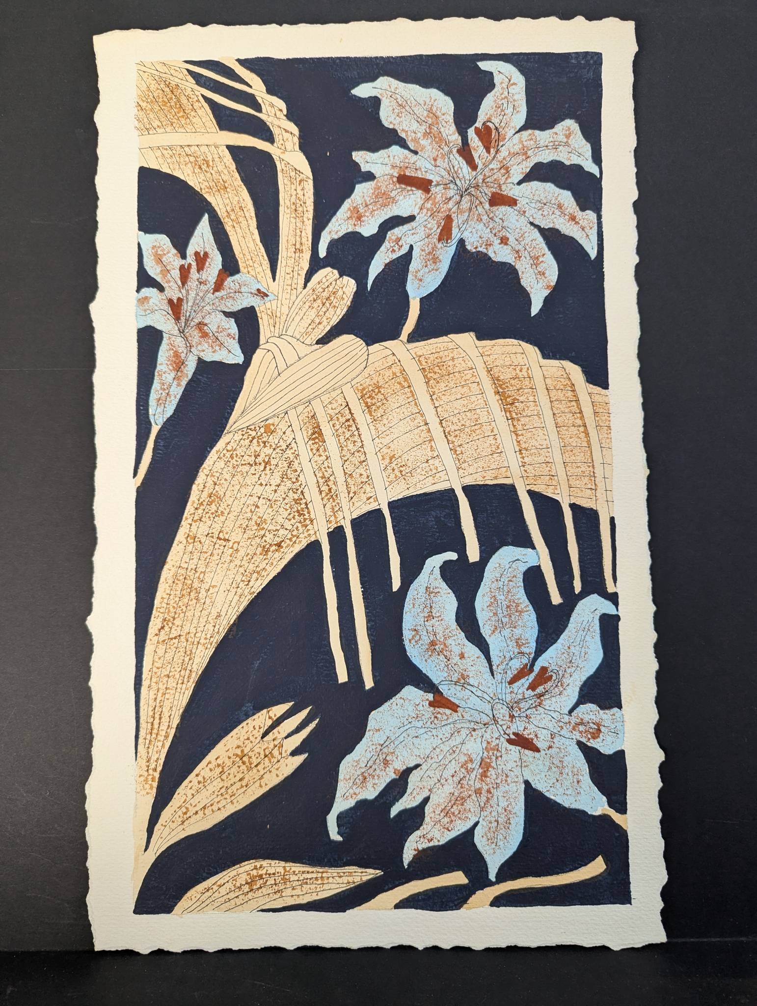 Japanese Woodblock Print Depicting Flowers and Bamboo Motif