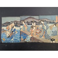Original 19th Century Japanese Woodblock Print Triptych by Toyokuni III