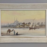 Egyptian Watercolor Scene by Edwin Lord Weeks in White Wood Frame