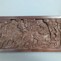 Hand-Carved Wooden Laos Plaque Depicting Jungle Scene with Figures and Elephants