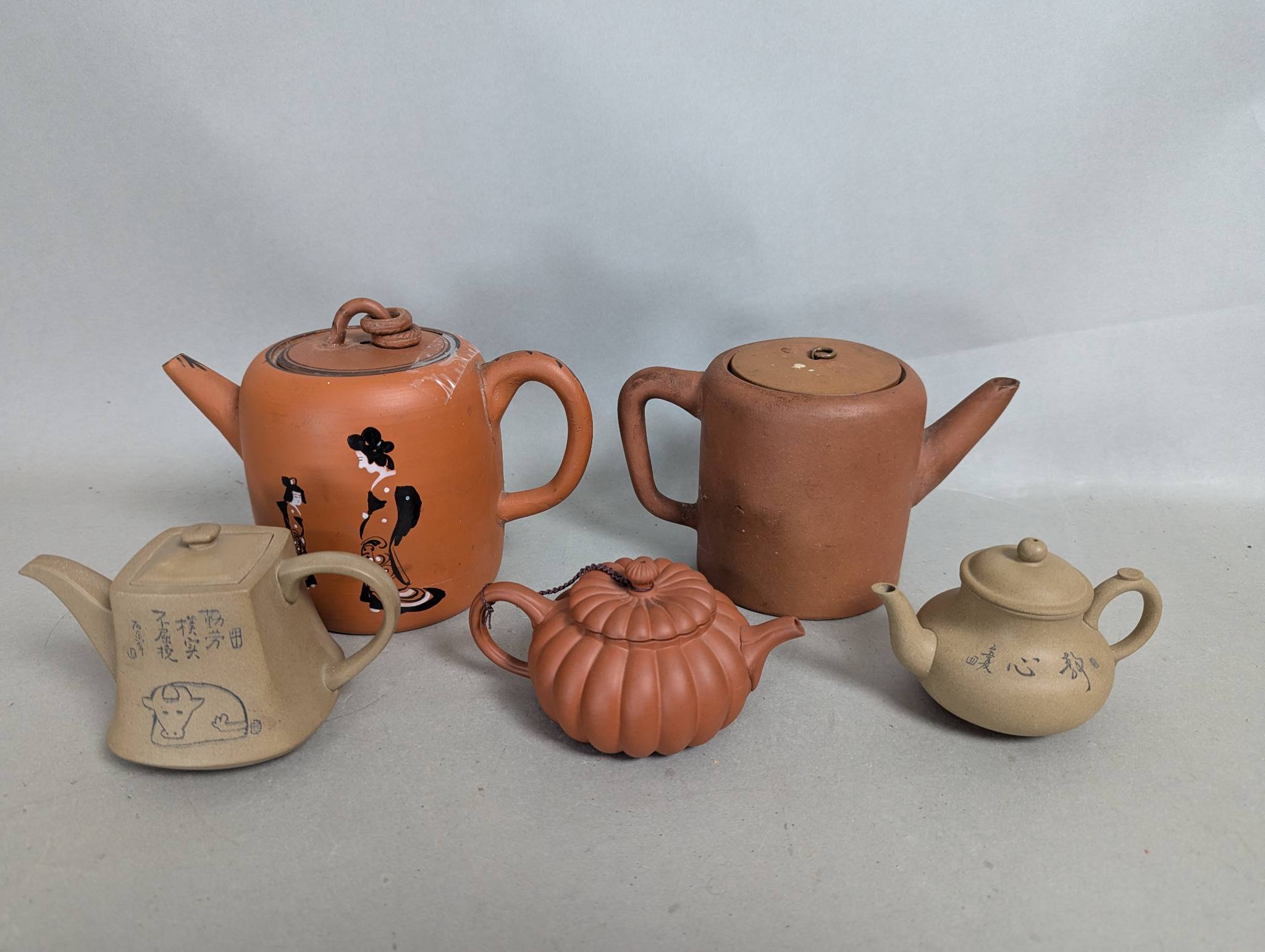 Five Terra Cotta Teapots Including Japanese and Yixing