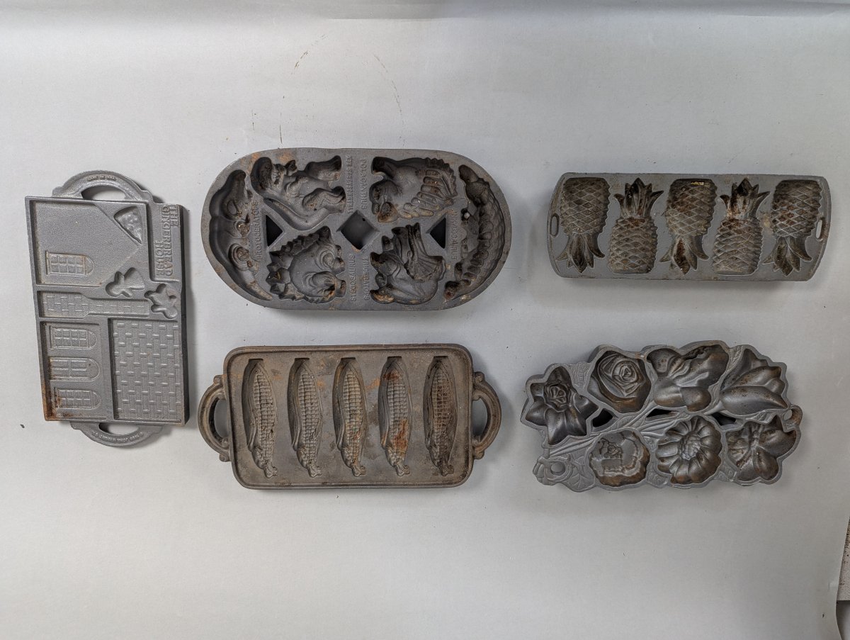 Vintage John Wright Cast Iron Bakeware Collection with Unique Designs